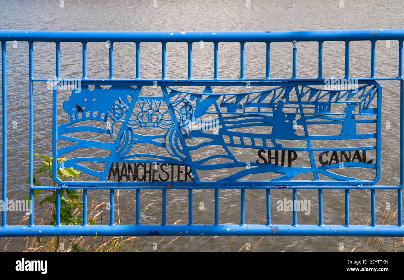 wrought iron sign for the manchester ship canal at runcorn an the wirral Stock Photo