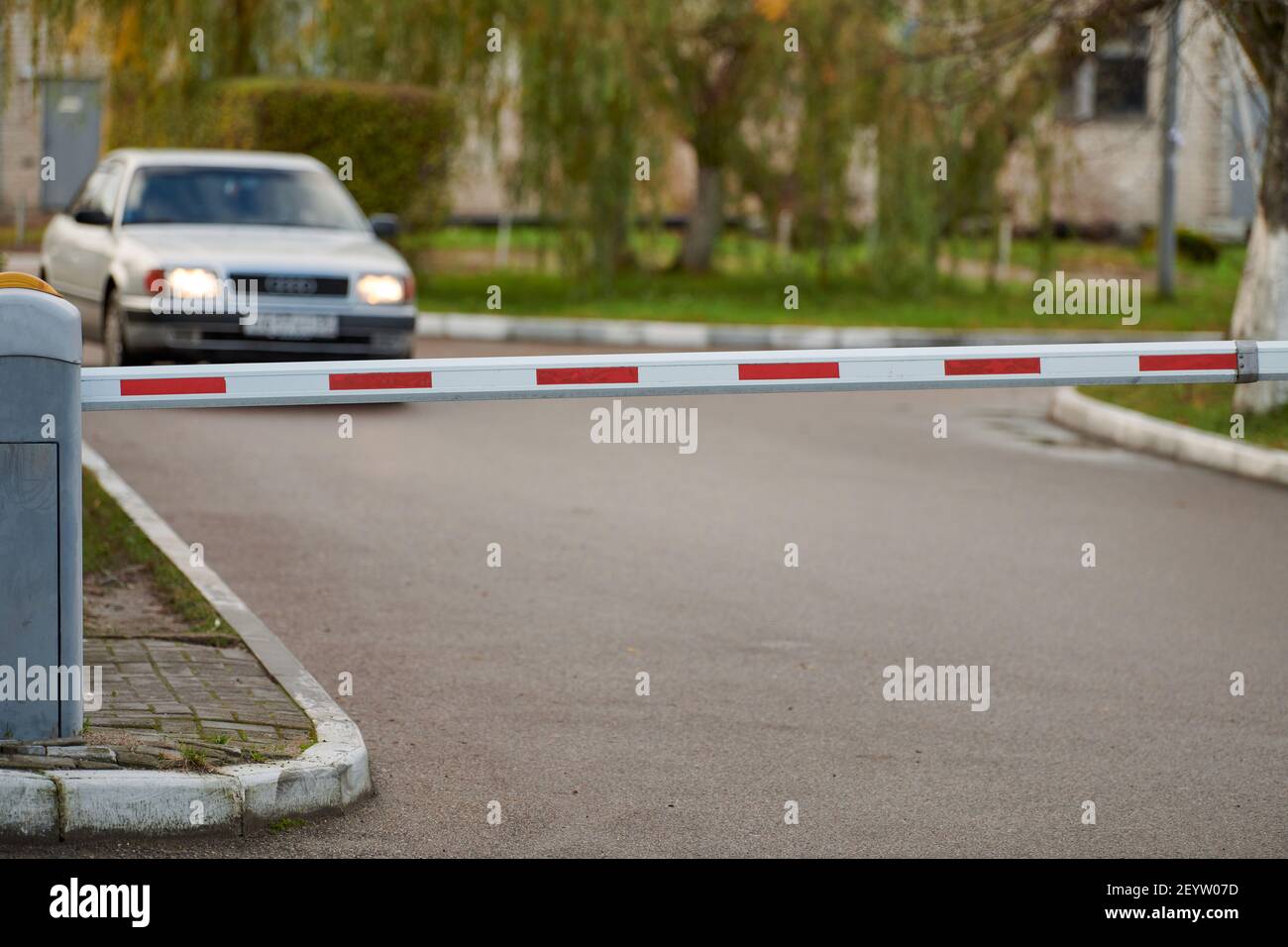 Parking gate, automatic car barrier system for carpark security. White