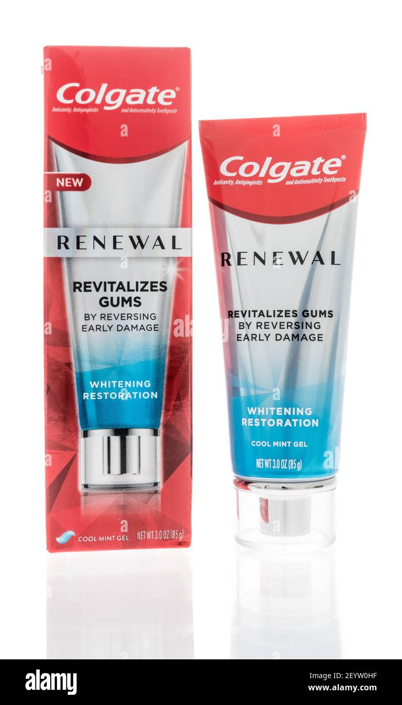 Winneconne, WI - 4 March 2021: A package of Colgate renewal toothpaste on an isolated background. Stock Photo