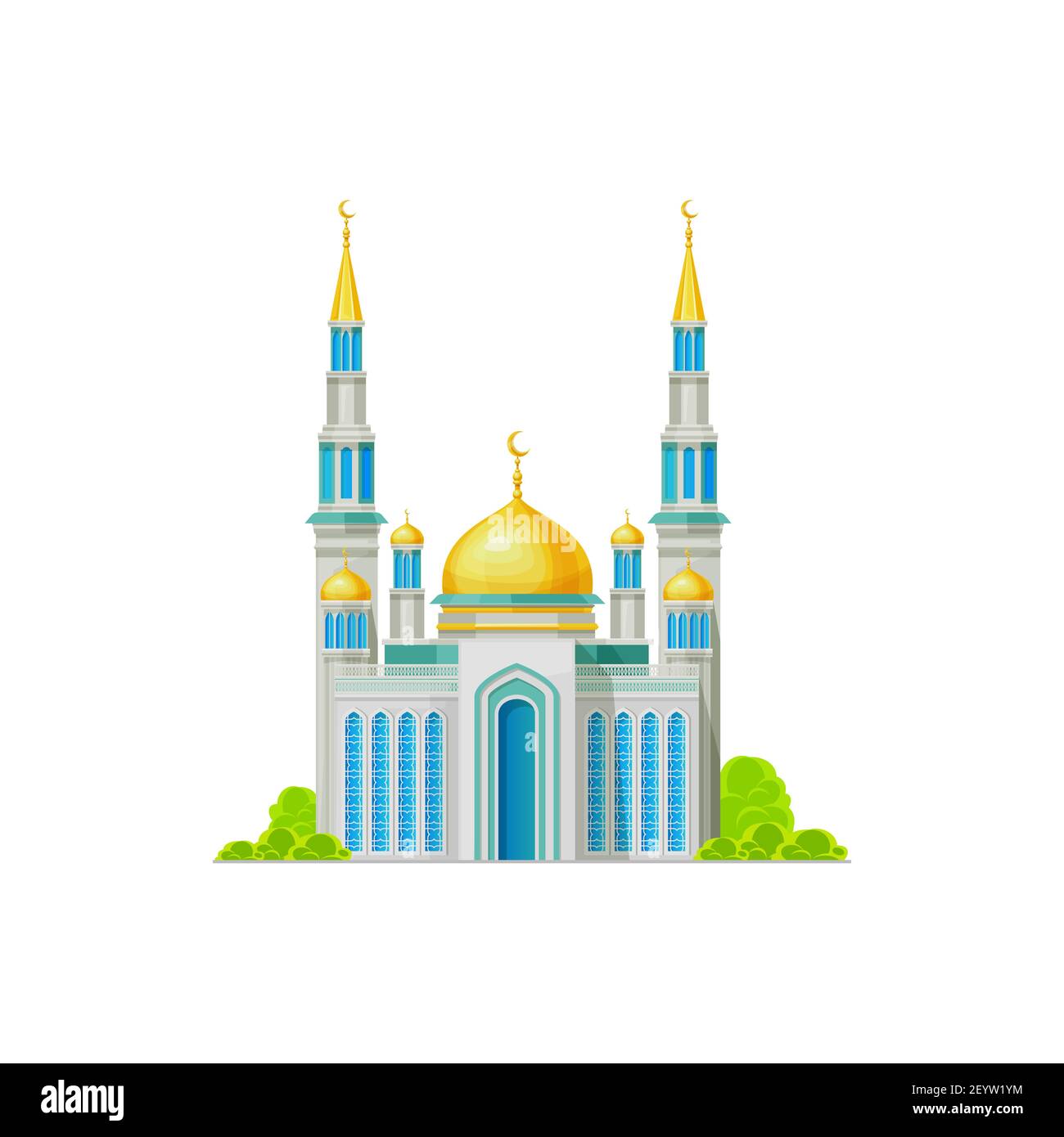 Muslim temple with domes and crescent moons on top isolated islam religion building. Vector minaret landmark, golden domes and facade. Arabic architec Stock Vector