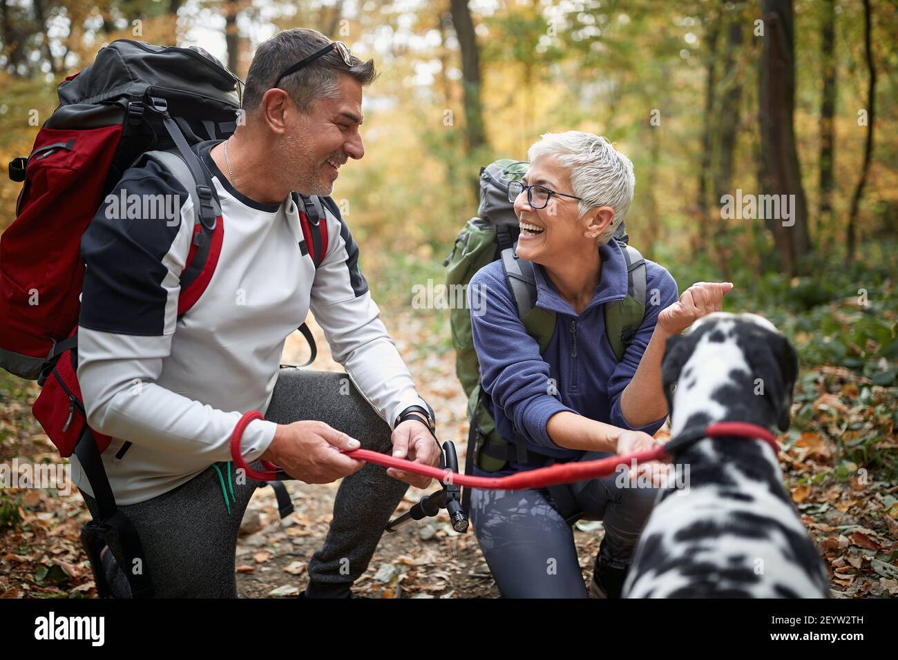 Senior couple in a squat with dog in nature Stock Photo