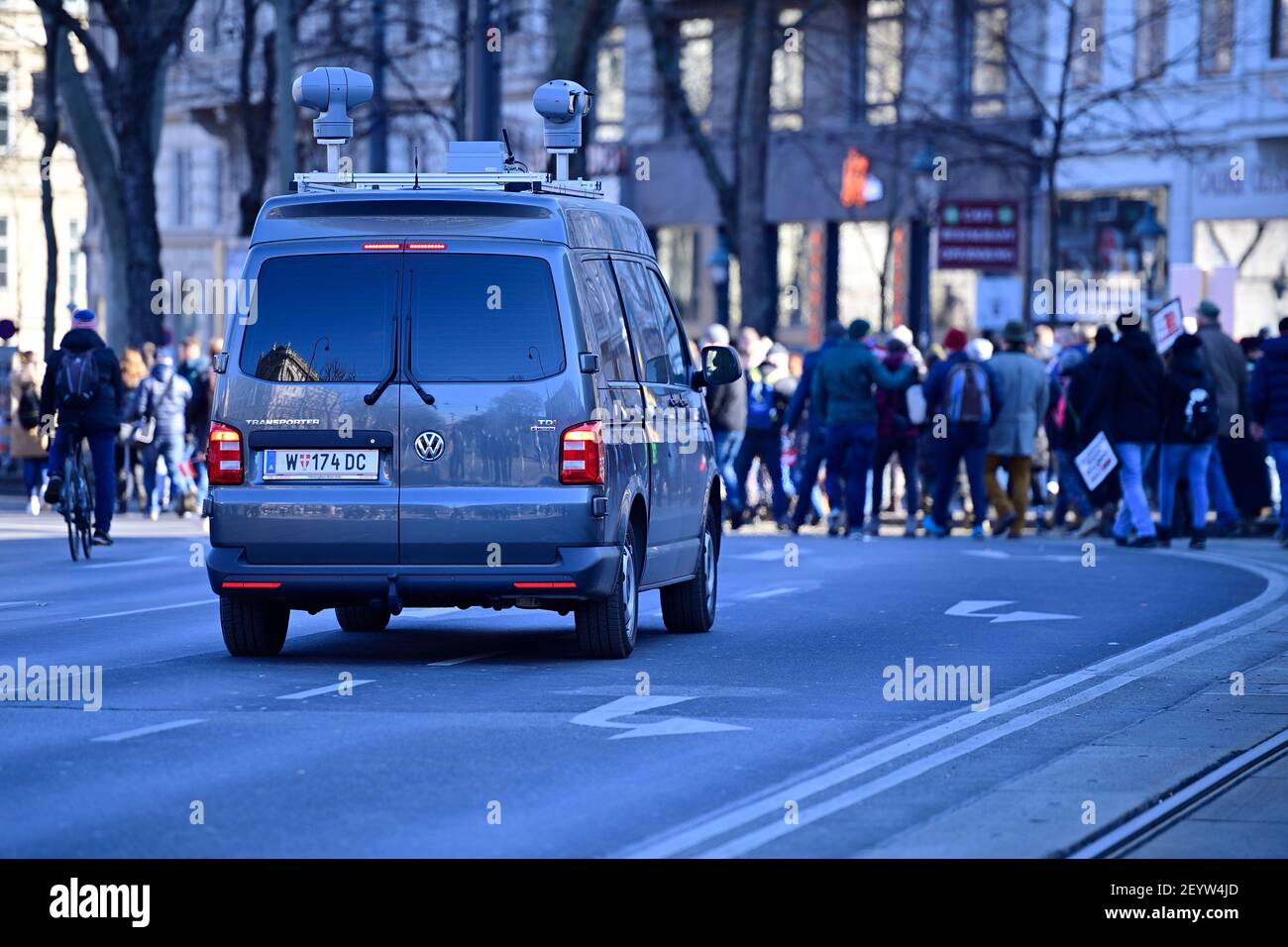 Vienna, Austria. 6th Mar, 2021. This Saturday opponents of the Corona measures will take to the streets again. In Vienna, out of 36 registered demonstrations on various topics, twelve were prohibited on Saturday, the police said on Friday afternoon. Unauthorized large-scale demonstration in Vienna on the inner ring. Austrian police surveillance vehicle. Stock Photo
