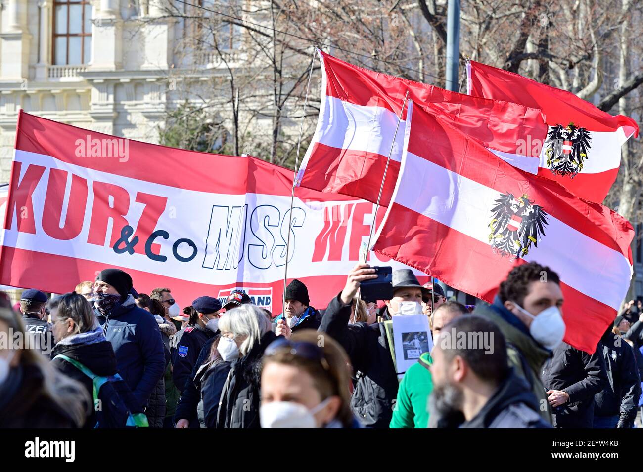 Vienna, Austria. 6th Mar, 2021. This Saturday opponents of the Corona measures will take to the streets again. In Vienna, out of 36 registered demonstrations on various topics, twelve were prohibited on Saturday, the police said on Friday afternoon. Unauthorized large-scale demonstration in Vienna on the inner ring Stock Photo