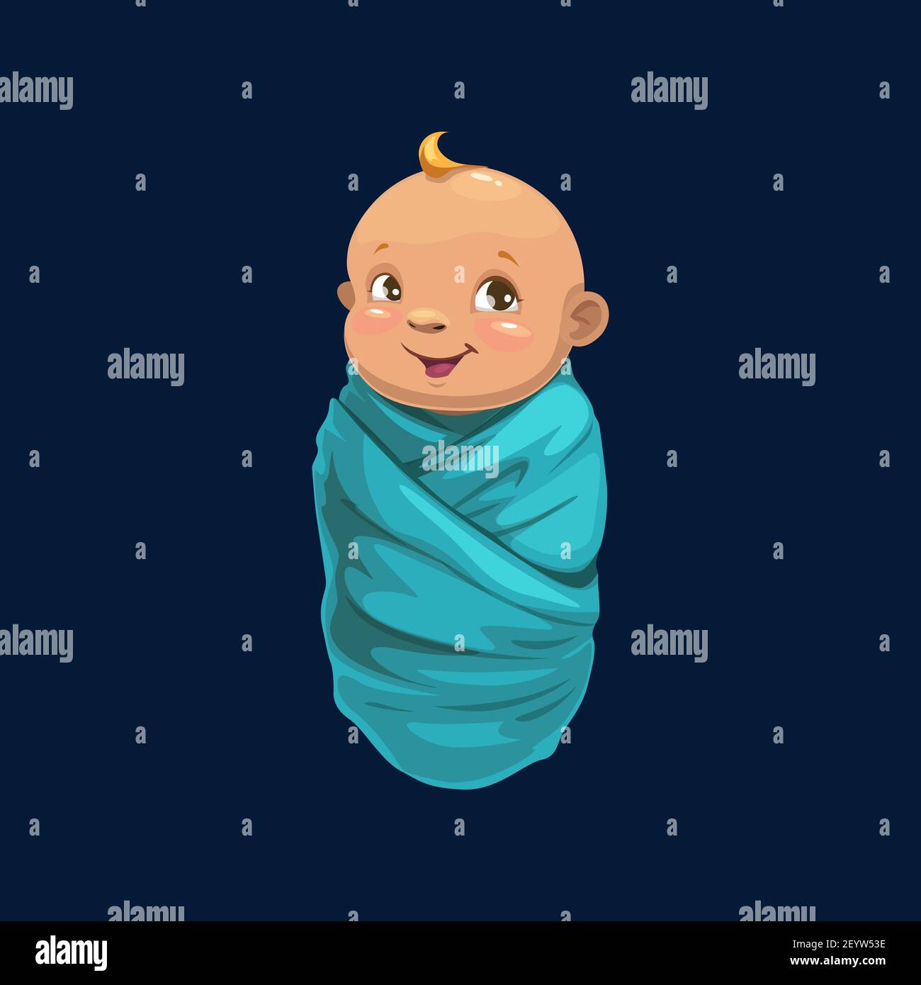 Newborn boy in blue wrap isolated baby shower symbol. Vector young human child wrapped in blanket, innocent face. Sleeping child with blond hair, infa Stock Vector