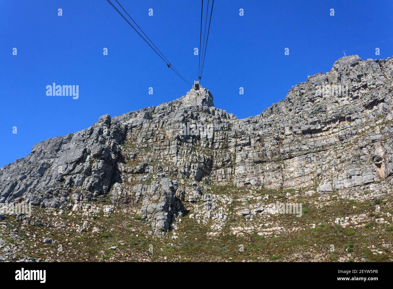 Looking up at Upper Cable station, top of the Aerial Cableway of Table Mountain in Cape Town, South Africa Stock Photo