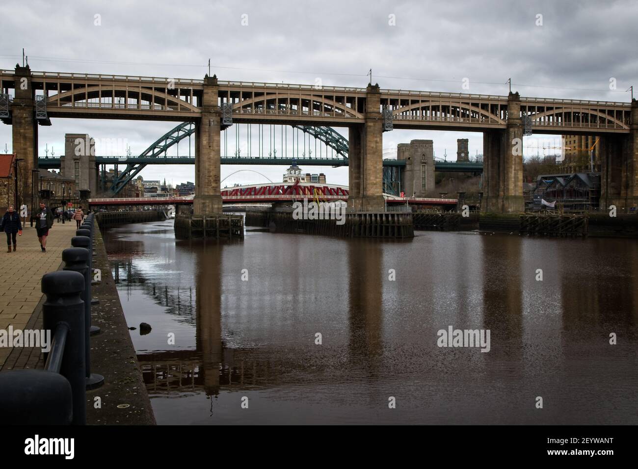 The High Level Bridge is a road and railway bridge spanning the River Tyne between Newcastle upon Tyne and Gateshead in North East England. Stock Photo