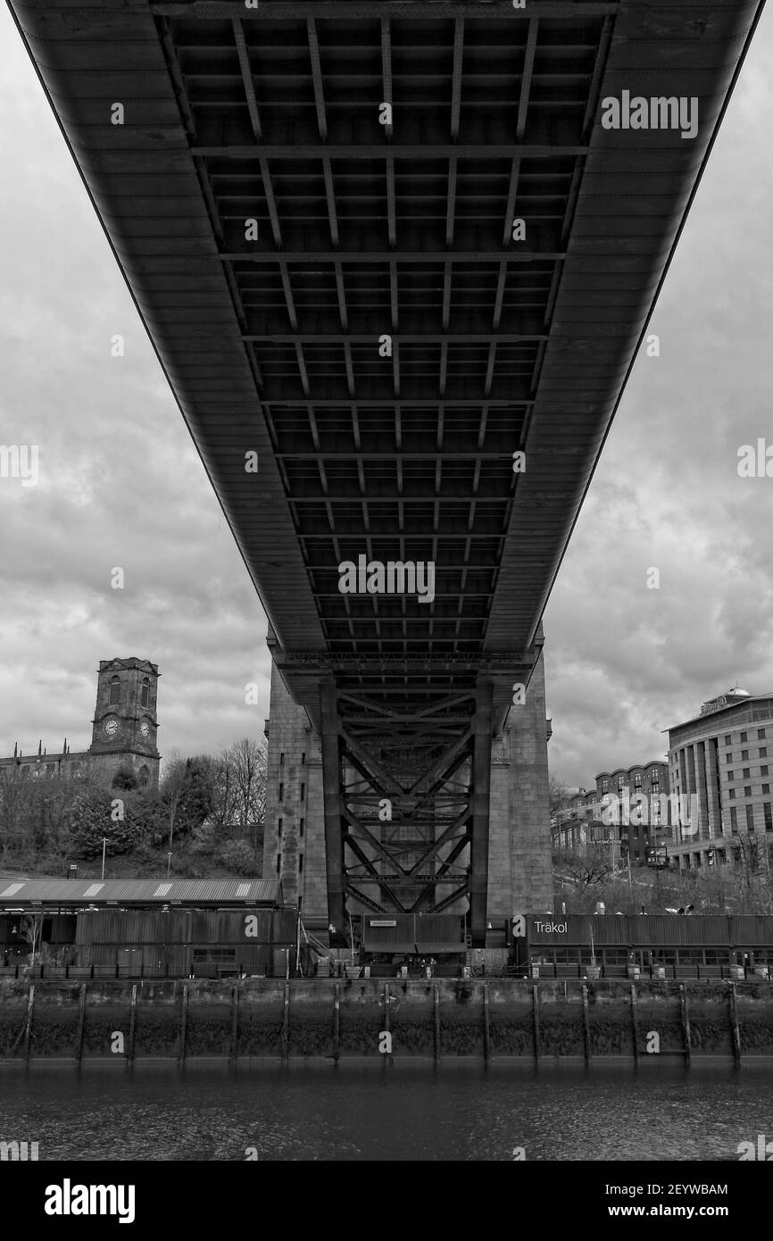 The iconic landmark Tyne Bridge viewed from underneath looking south