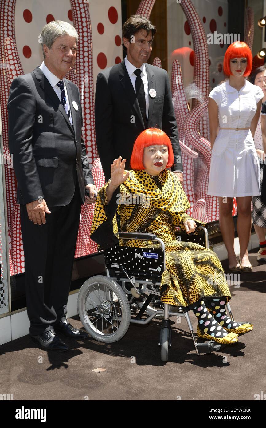 10 July 2012 - New York - (L-R) Present Louis Vuitton Chairman and CEO Yves  Carcelle, artist Yayoi Kusama and future Louis Vuitton Chairman and CEO  Jordi Constans attend the Louis Vuitton