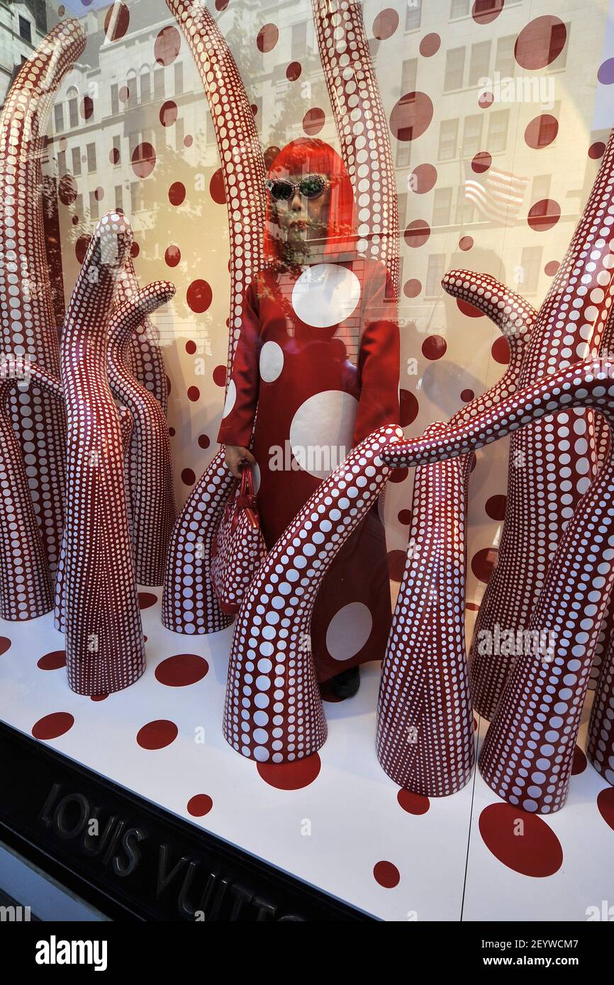 10 July 2012 - New York - A wax figure of Japanese artist Yayoi Kusama goes  on display at the Louis Vuitton And Yayoi Kusama Collaboration Unveiling at  Louis Vuitton flagship store