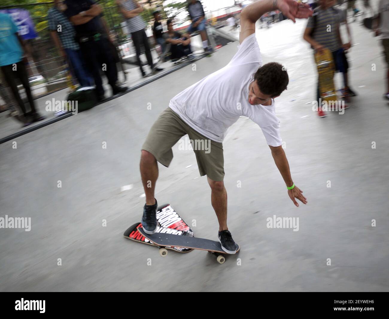 July 14, 2012, New York, NY - The 5 Boro long ollie contest at LES  skatepark under the Manhattan Bridge on Cherry Street. Skateboarders try to  jump over as many as 24
