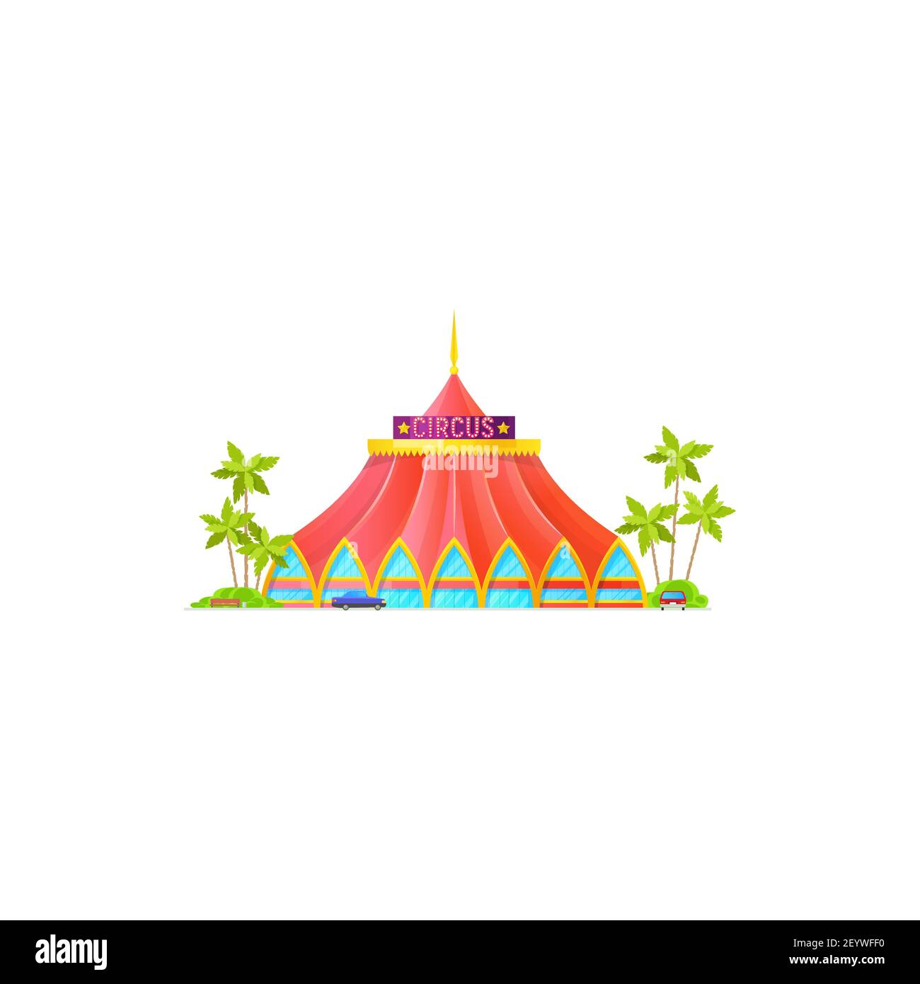 Circus tent isolated entertainment building exterior design. Vector facade of big top circus, parking zone with parks or vehicles, palm trees. Red mar Stock Vector
