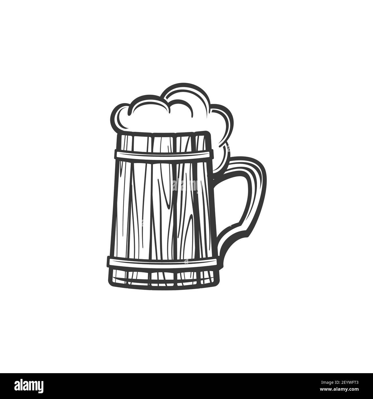 Wooden mug of beer isolated alcohol drink monochrome sketch. Vector Oktoberfest holiday symbol, cider beverage with foam. Light or dark ale in lager, Stock Vector