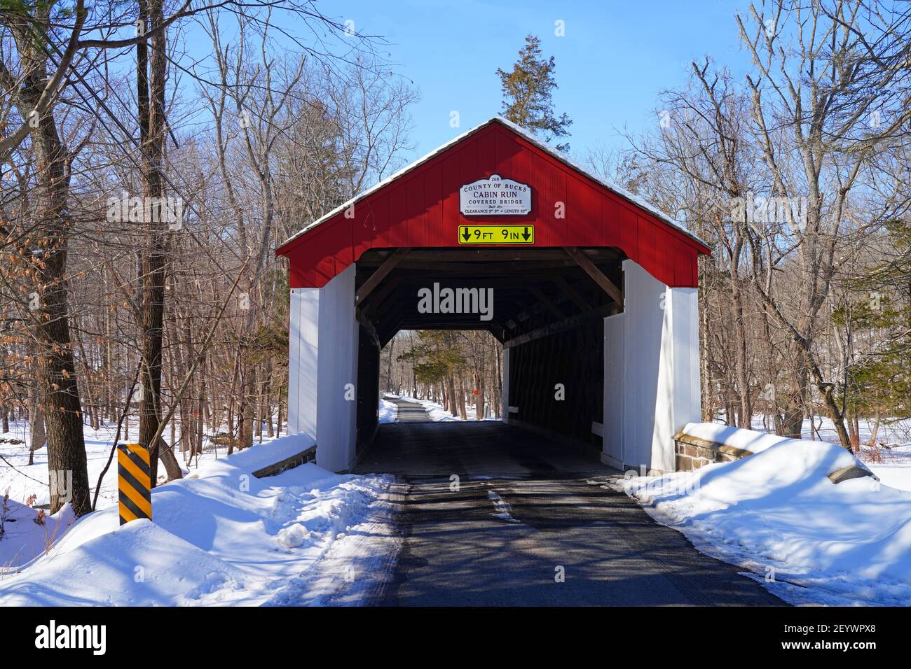 BUCKS COUNTY, PA 21 FEB 2021 Winter view of the Cabin Run Bridge, a