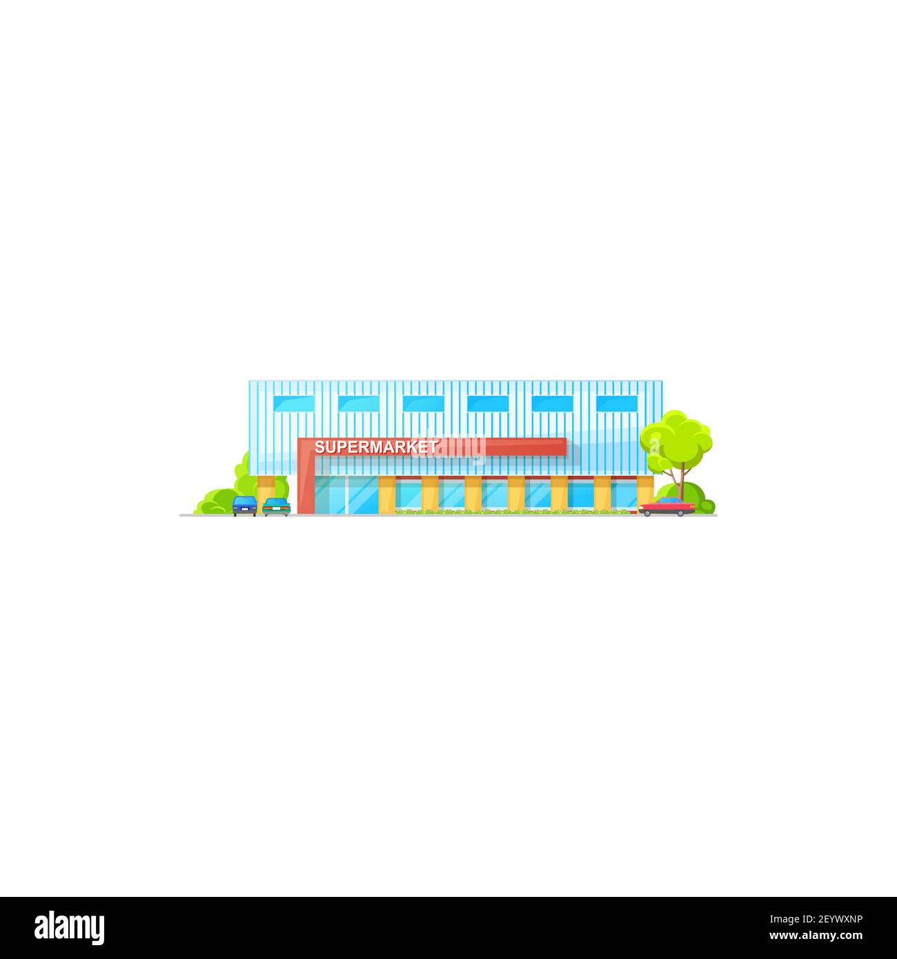 Supermarket building, grocery store mall icon, vector shop trade center or hypermarket. Supermarket modern architecture, flat exterior of market or re Stock Vector