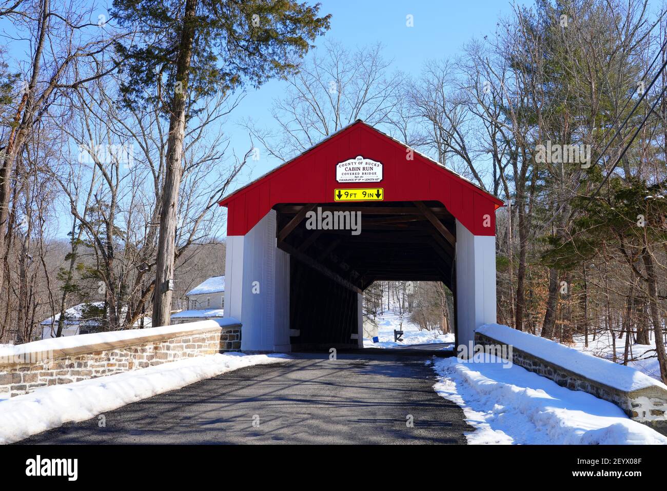 BUCKS COUNTY, PA 21 FEB 2021 Winter view of the Cabin Run Bridge, a