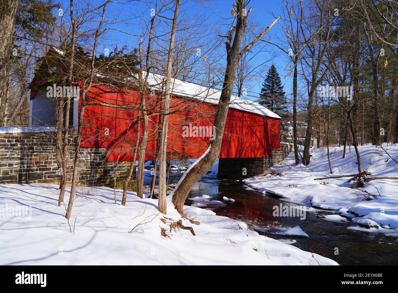 BUCKS COUNTY, PA 21 FEB 2021 Winter view of the Cabin Run Bridge, a