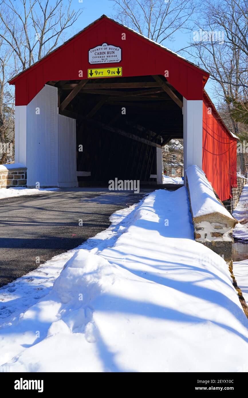 BUCKS COUNTY, PA 21 FEB 2021 Winter view of the Cabin Run Bridge, a