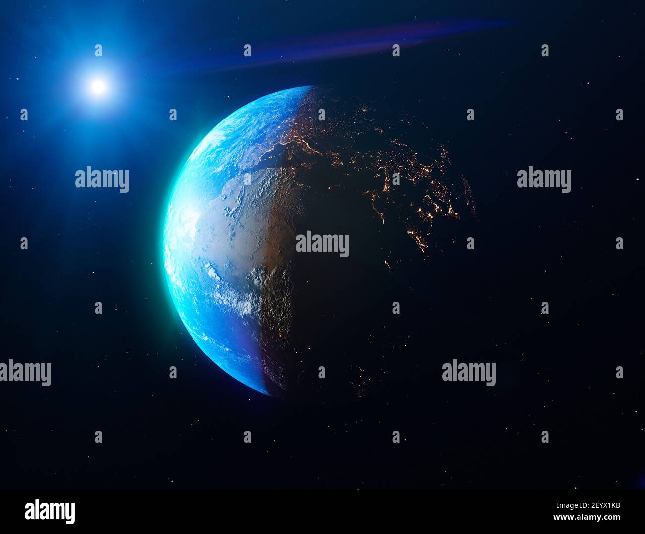 Satellite view of the Earth seen from space. The sun rising over the Europe and north Africa. Cities illuminated in the night. Sunrise Stock Photo