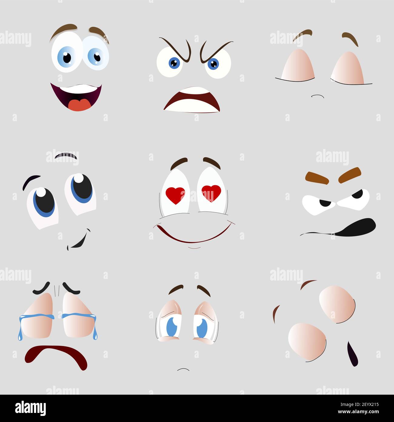 Cartoon face smile cry, angry and love. Vector smily funny face, laugh emoji, expression mouth and eyes with heart, curious and love illustration Stock Vector