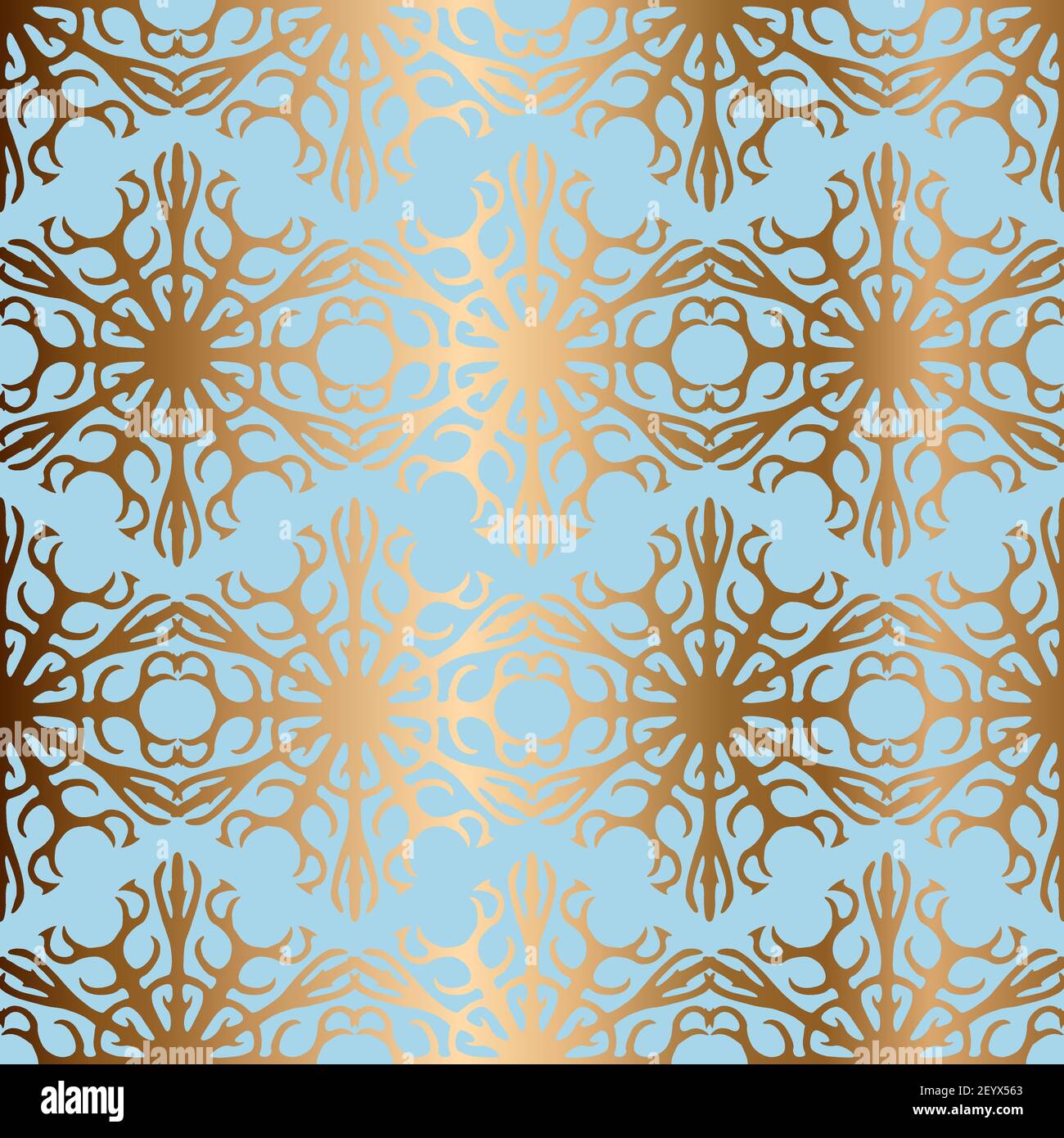 Golden snowflakes seamless vector pattern. Abstract blue, turquoise background Stock Vector