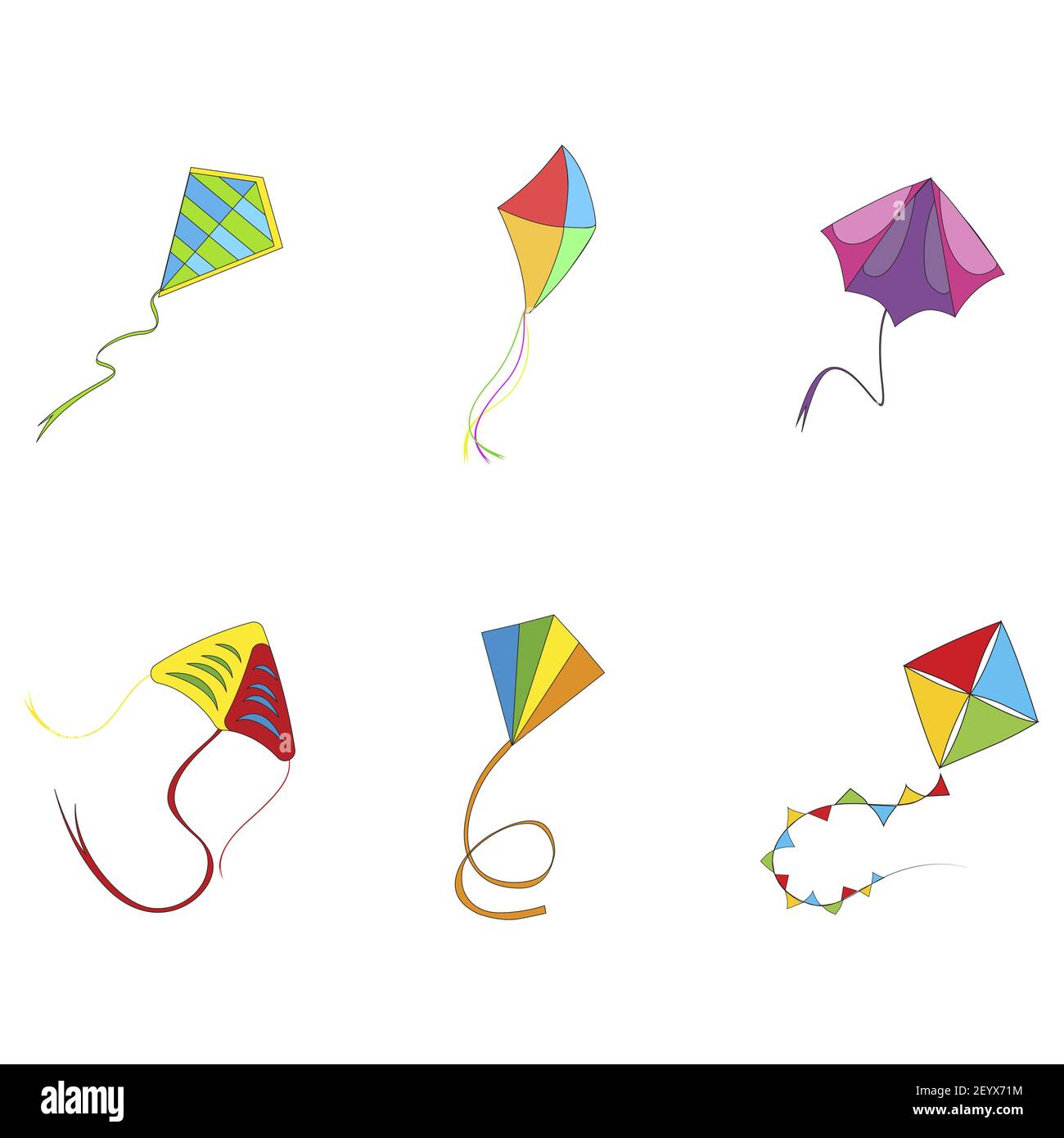Flying kite colored collection. Vector flying kite on rope, outdoor activity playing, sankranti makar entertainment, air paper illustration Stock Vector