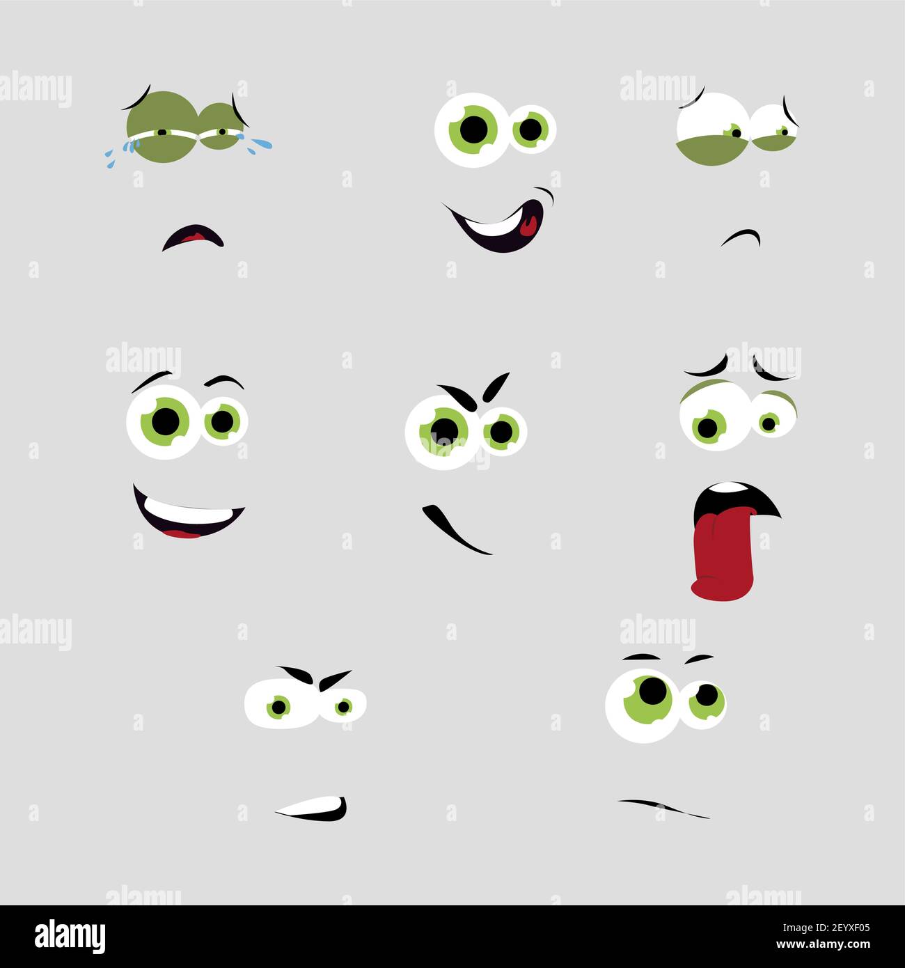 Eyes and mounth face, stick tongue out, smile and enjoy. Sad and confident, embarrassed and angry, facial cry and fury, upset and love. Vector illustr Stock Vector
