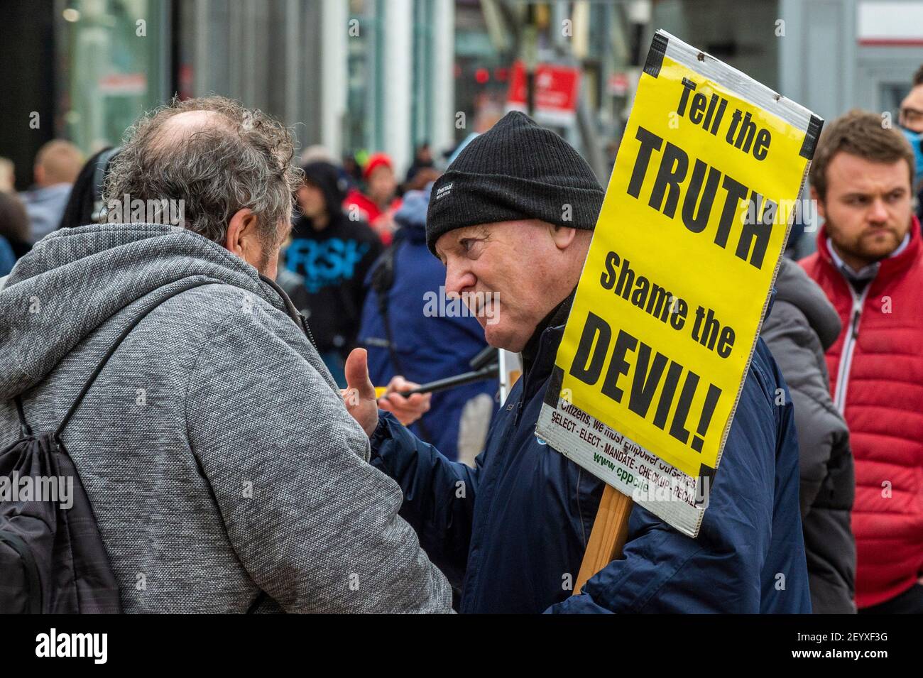 Cork, Ireland. 6th Mar, 2021. Around 700 people attended an anti-lockdown rally held in Cork city centre today. Gardai were prepared for any trouble with officers in the city centre from 10.30am. Credit: AG News/Alamy Live News Stock Photo