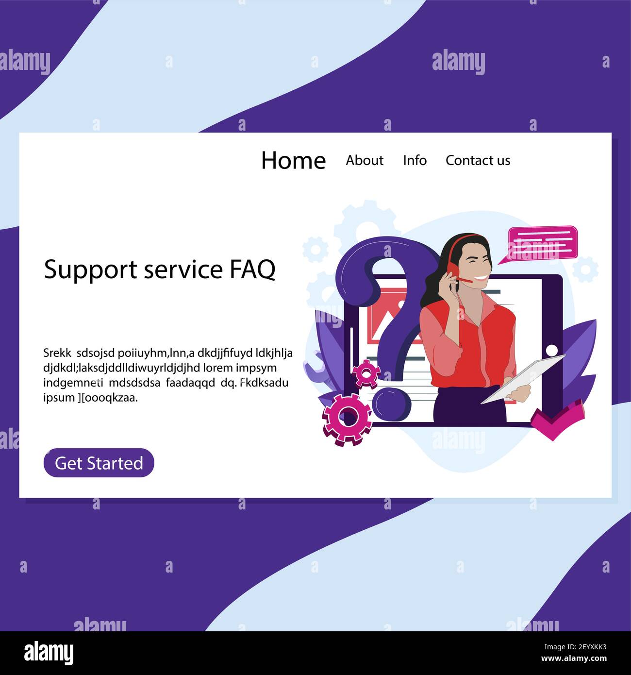 Support service FAQ landing page, operator call center. Vector helpdesk and support professional online assistance info, search faq for customer illus Stock Vector