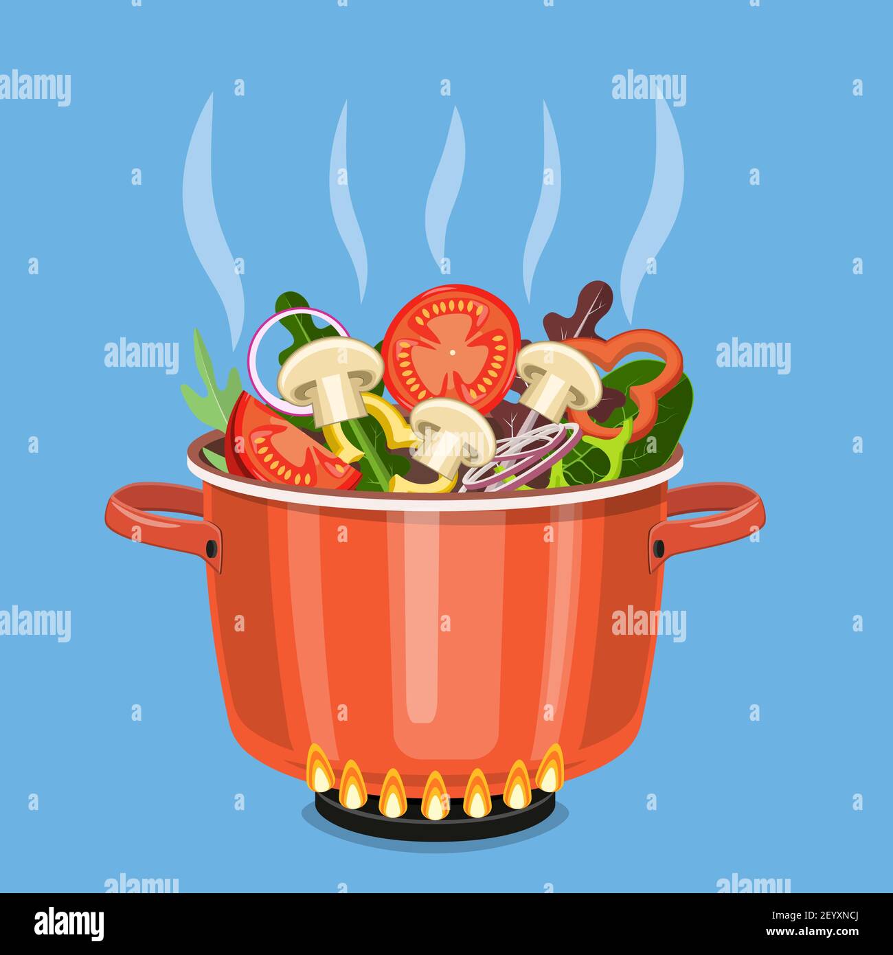 Cooking pot on stove with vegetables, Stock Vector