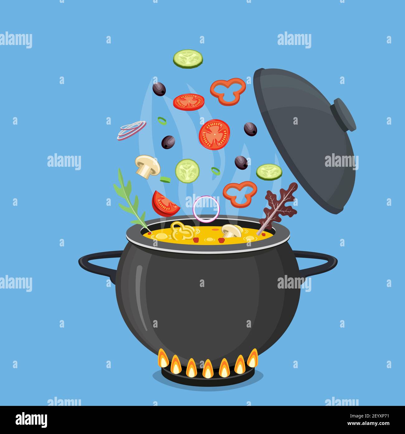 Cooking pot with vegetables and mushrooms. Stock Vector