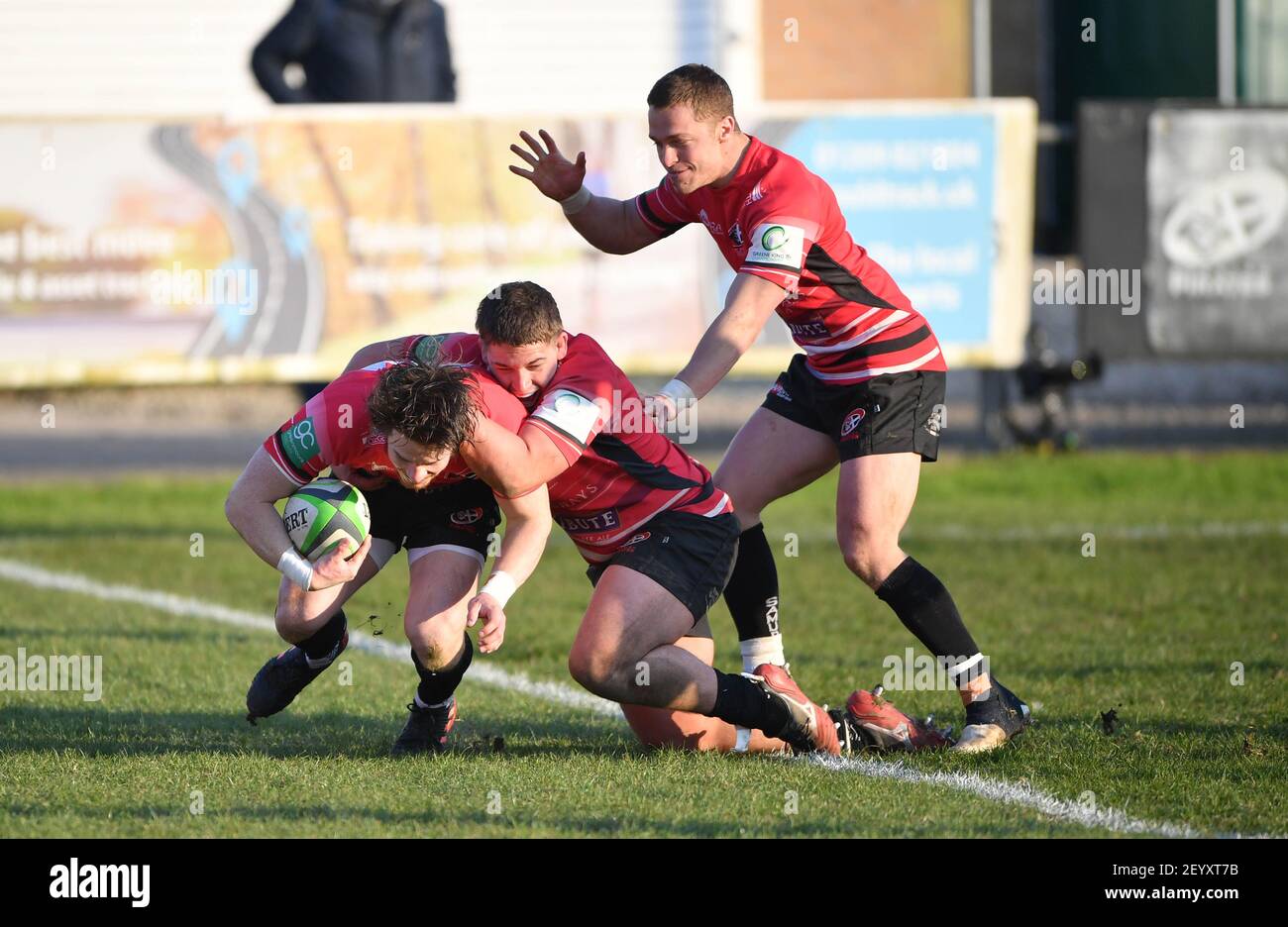 Cornish Pirates Rhodri Davies scores the winning try during the Greene King IPA Championship match at Mennaye Field, Penzance. Picture date: Saturday March 6, 2021. Stock Photo