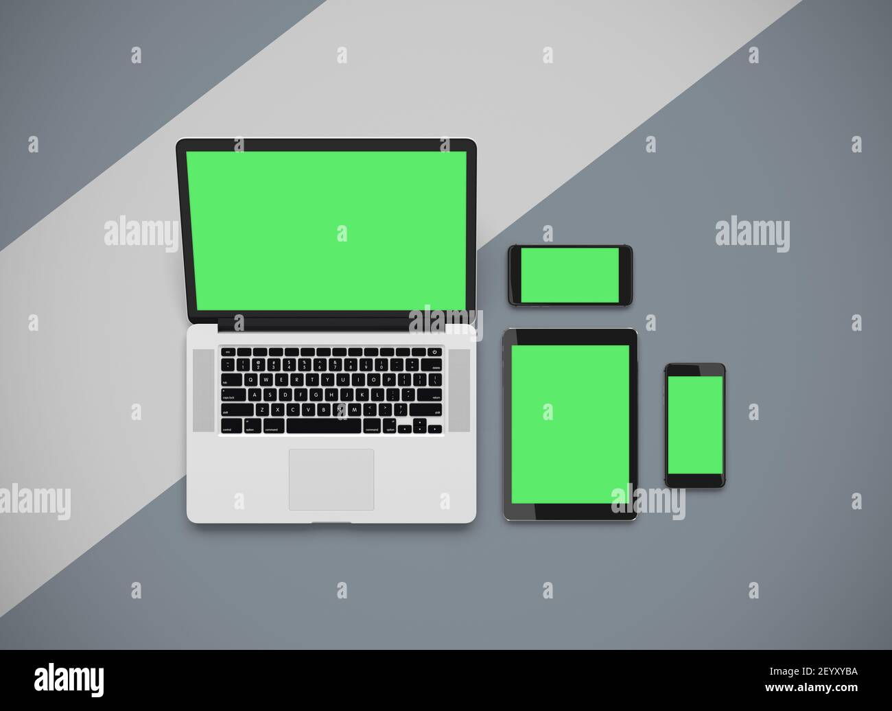 Responsive mockup of a laptop, digital tablet and smart phone. Stock Photo