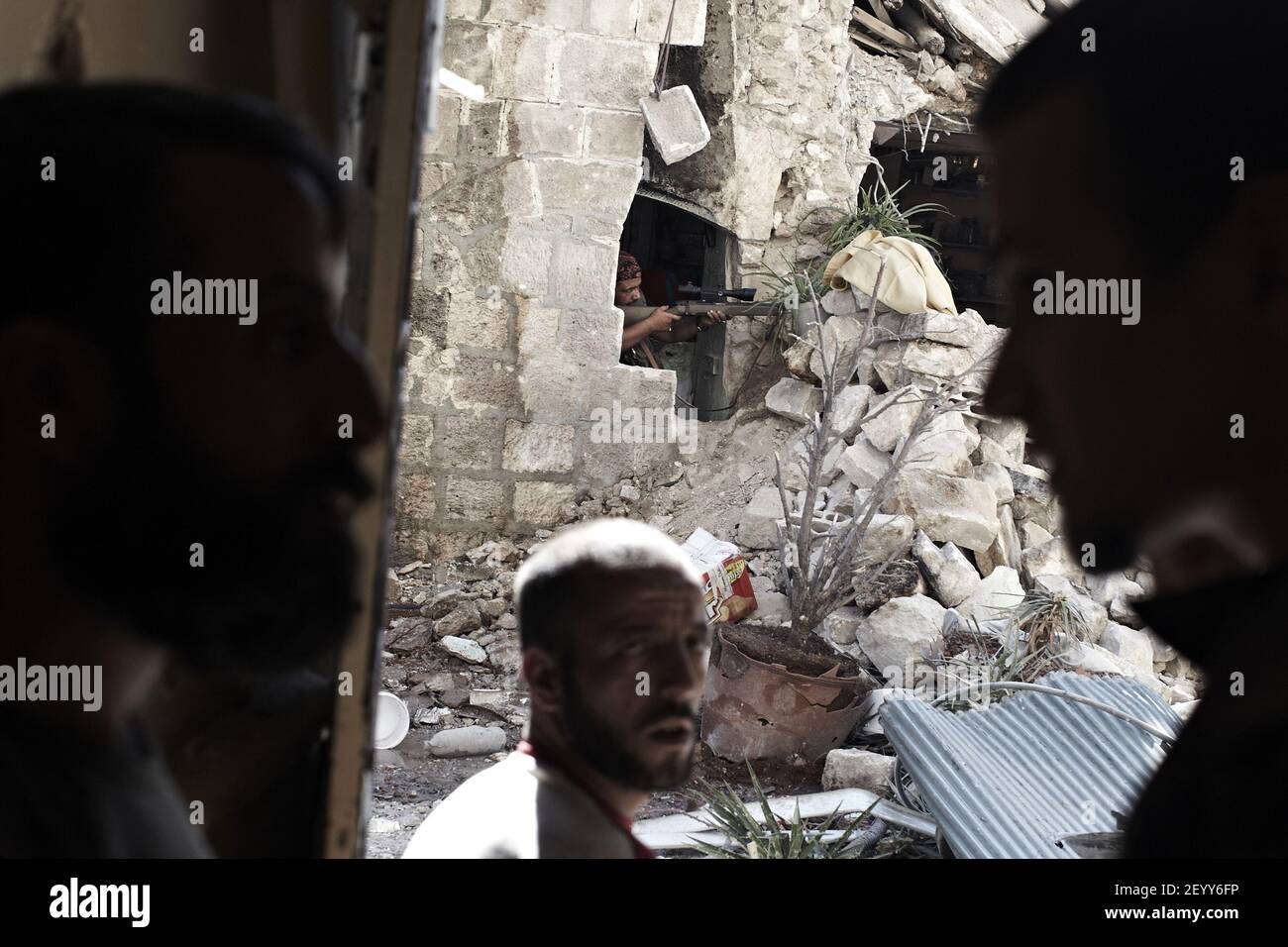 26 September 2012 - Syria, Aleppo - A FSA sniper position keeps guard ...