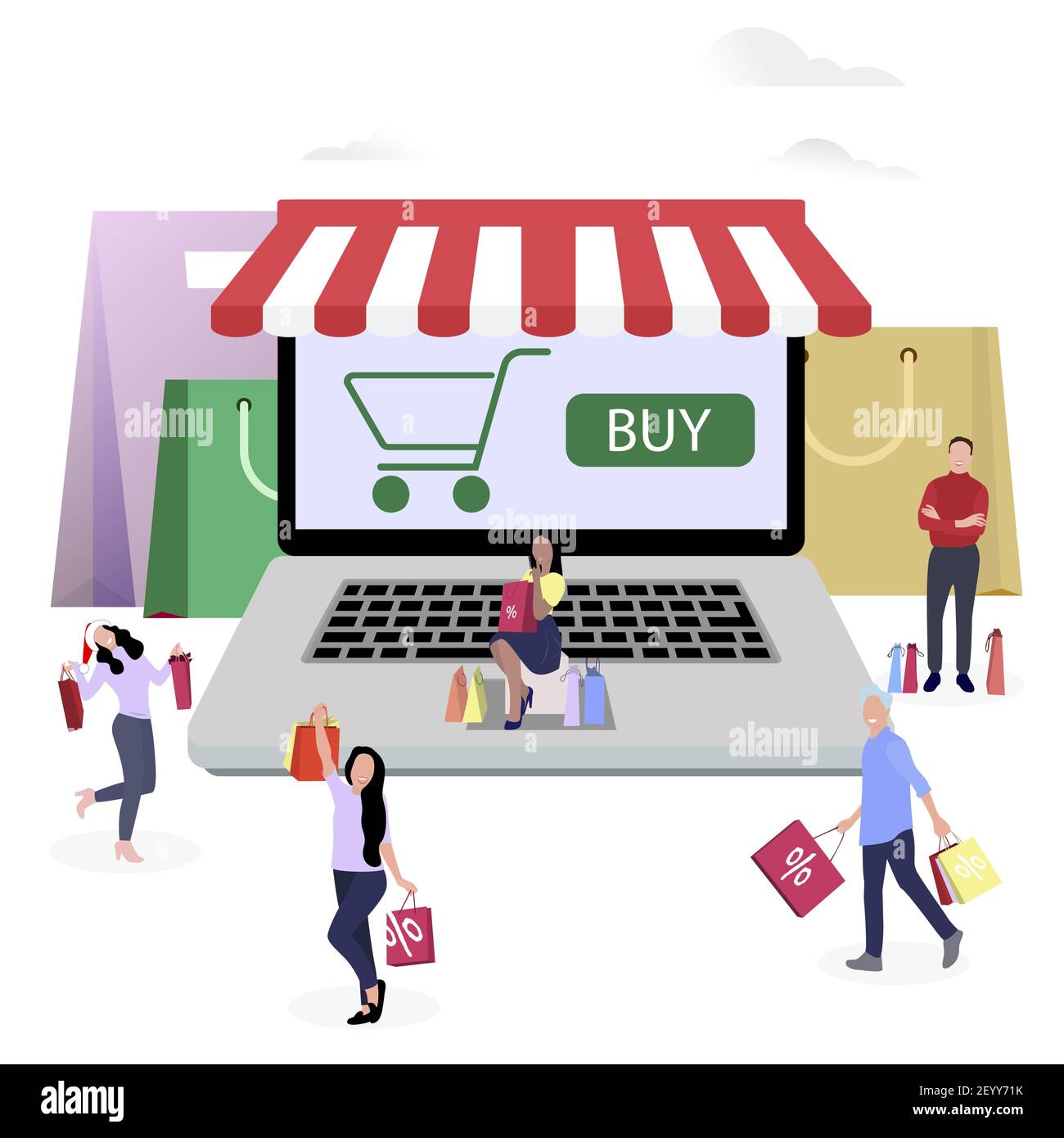 Shopping online, people buy in internet shop use laptop. Vector buying internet, smiling people with bag from market, buy in store and retail electron Stock Vector