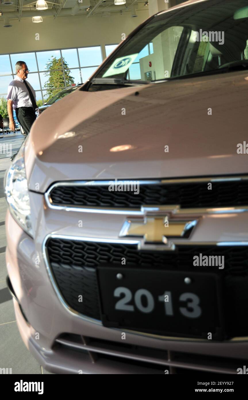 30 September 2012 - Surrey, B.C., Canada - A Chevrolet vehicle is seen in the showroom at the Barnes Wheaton GM dealership. Photo Credit: Adrian Brown / Sipa USA. Stock Photo