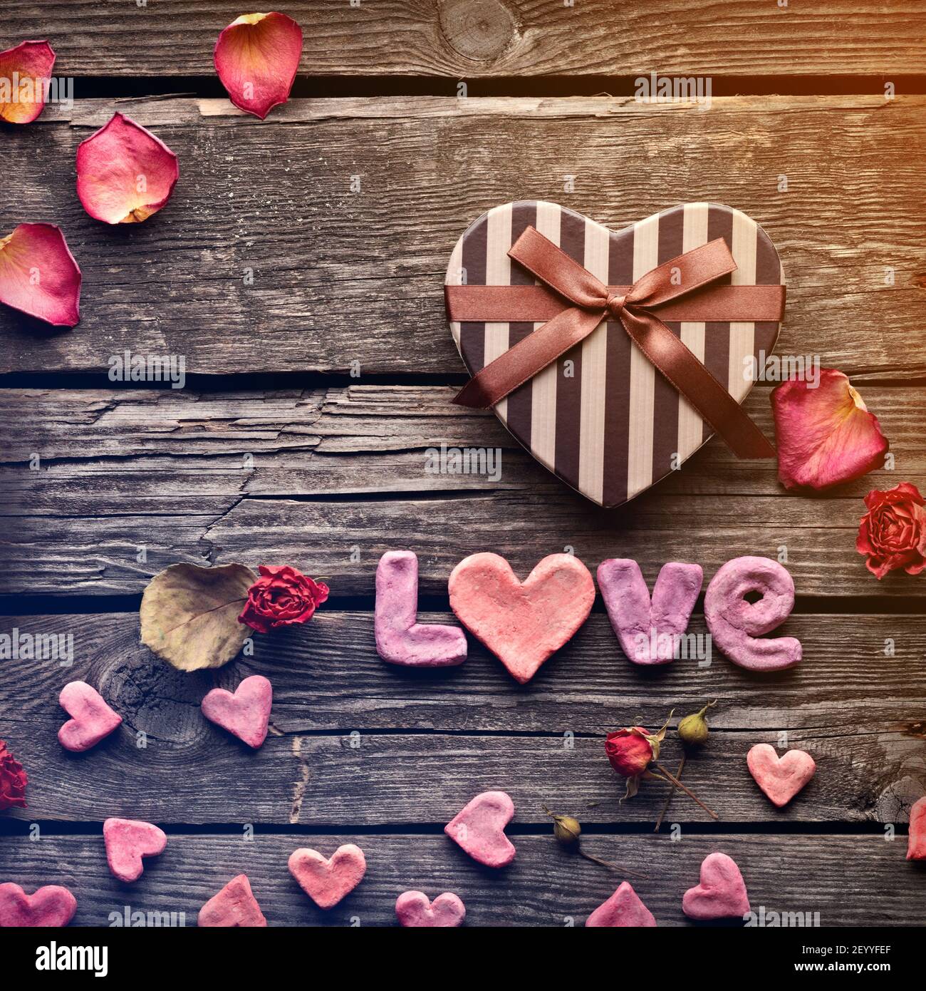 Word Love with heart Valentines Day gift box Stock Photo