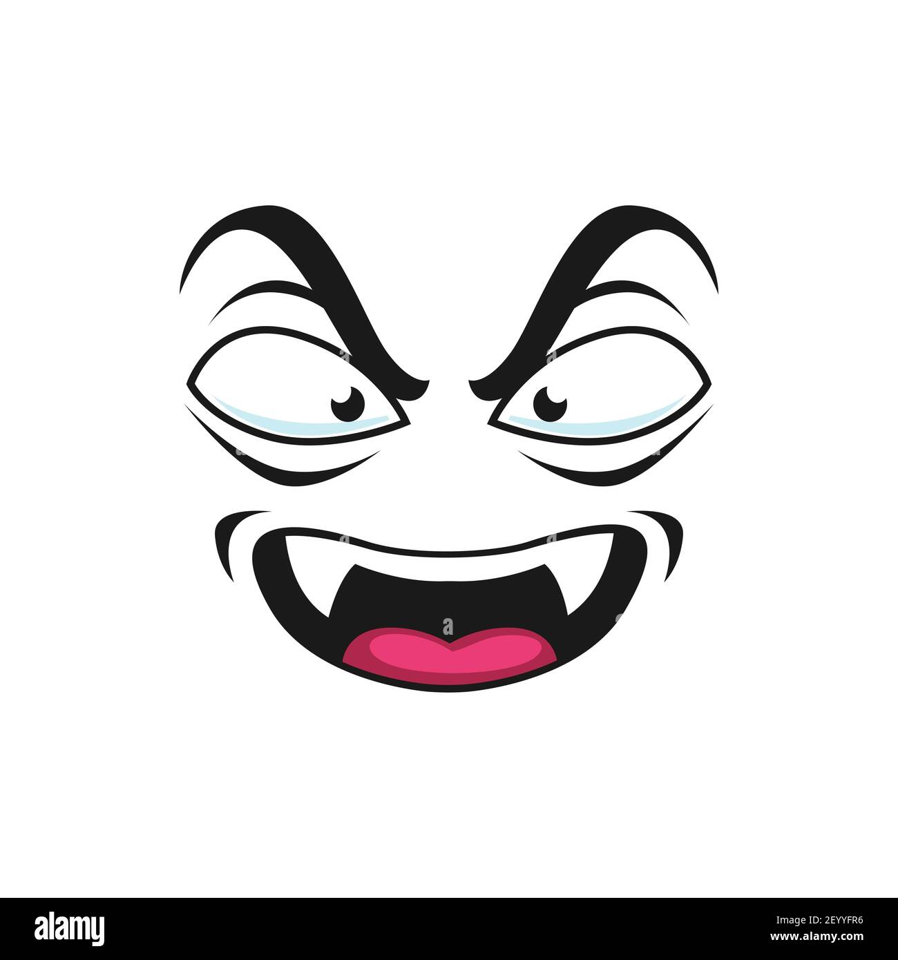 Smiley Halloween demon, cheerful spooky creature head isolated icon. Vector angry emoticon vampire with fangs teeth and open mouth. Emoji cute comic d Stock Vector