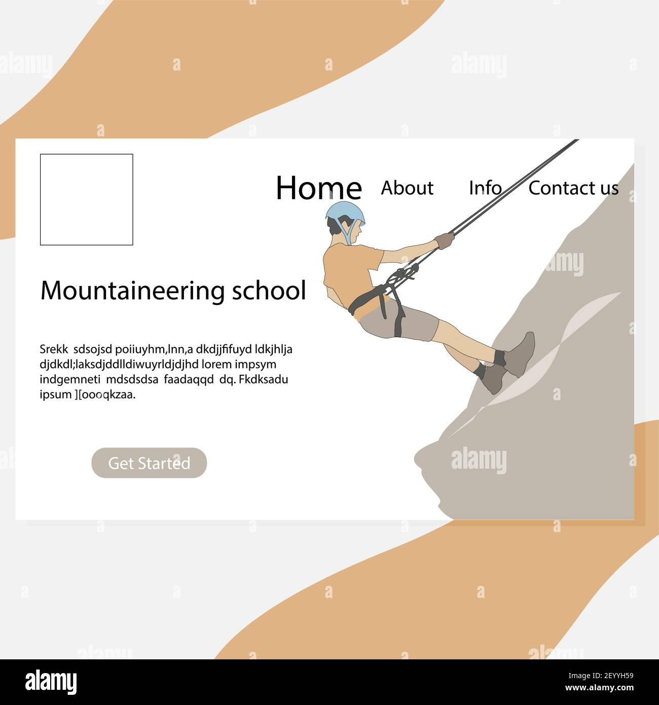 Mountaineering school page, website to self study to ascent. Vector hobby climber, risky adventure in mountain travel, climbing extreme tourism page i Stock Vector