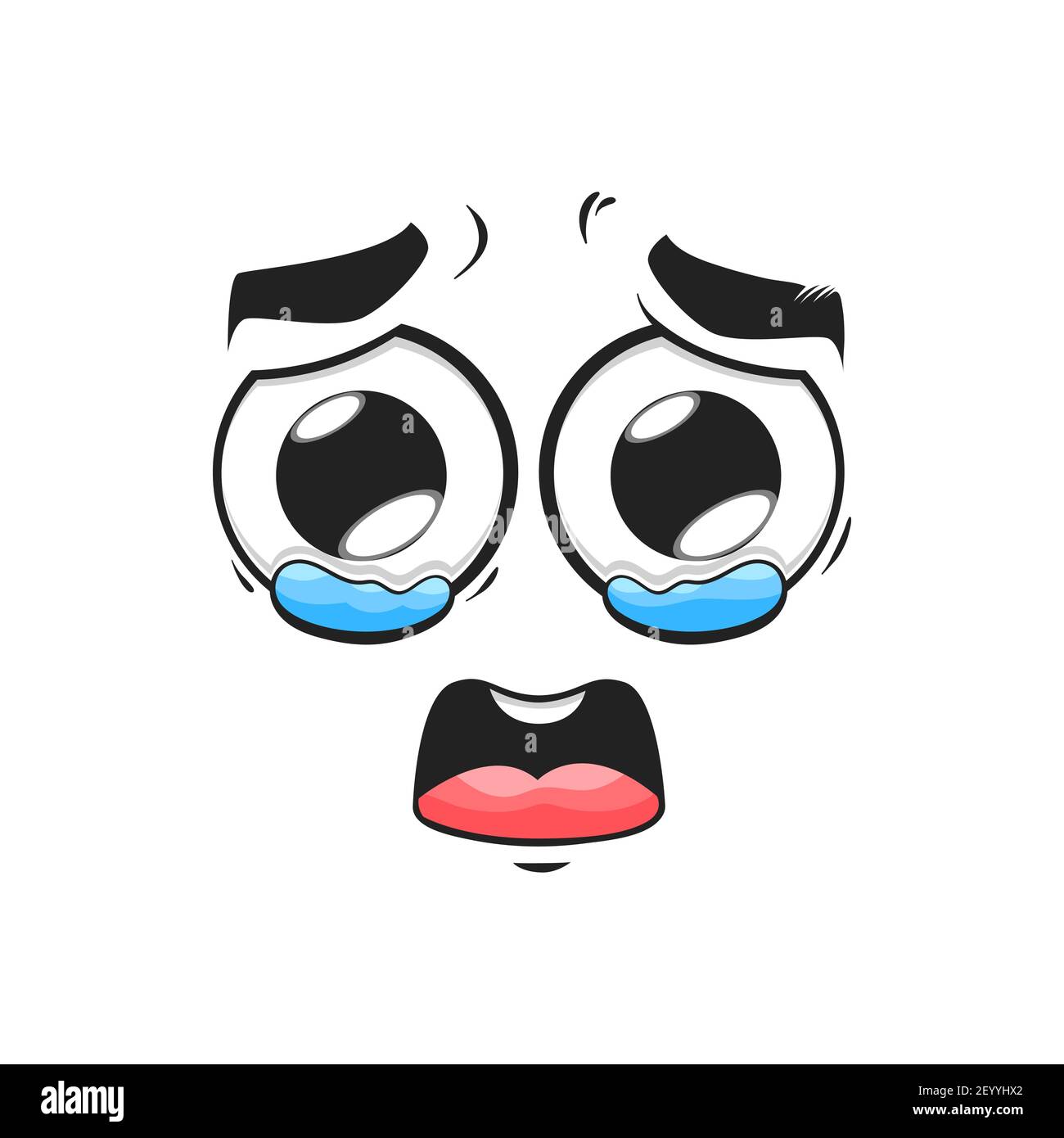 Cartoon crying face emoji with tears in wet round eyes. Upset ...