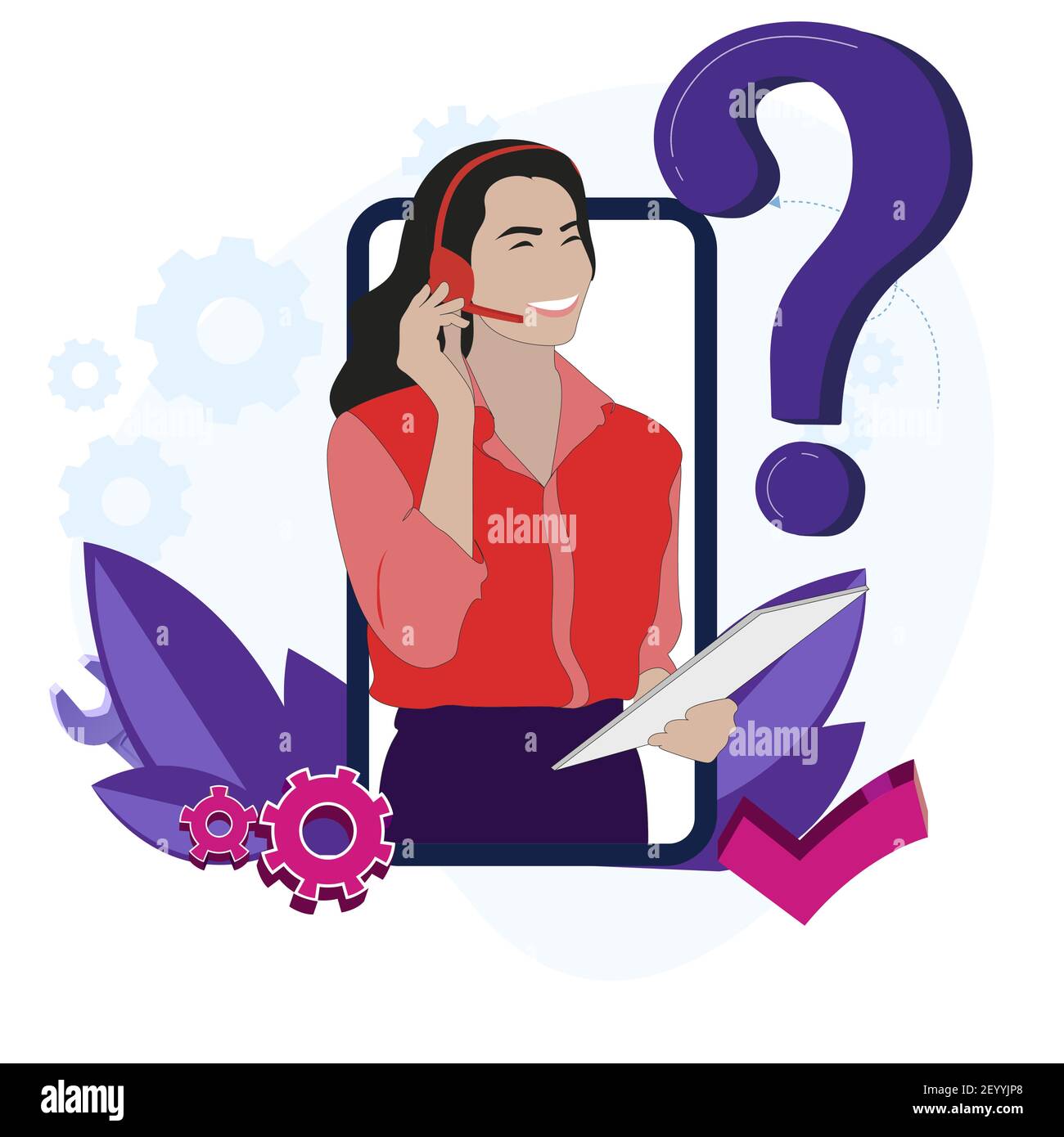 Call center online, application faq and technical assistance, professional operator support and help, hotline helpdesk. Vector info assistant operator Stock Vector