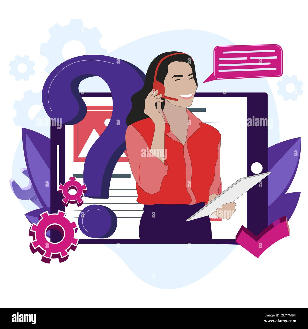 Hotline service online, network help, search faq and assistance, cartoon woman operator, professional support online. Vector illustration Stock Vector
