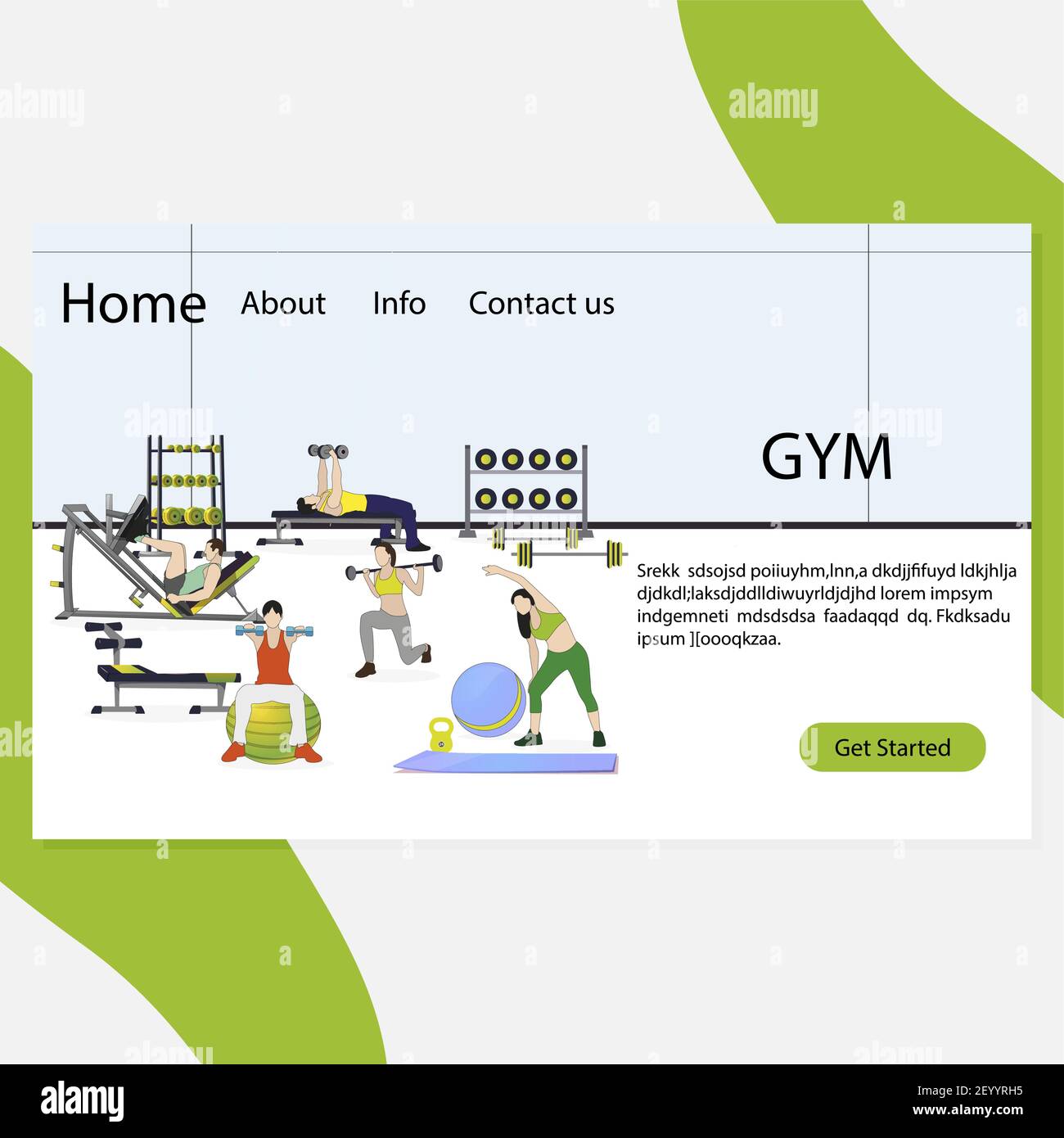 Gym landing page. Vector sport training to health, fitness lifestyle cartoon, body activity illustration, interior gym with sport equipment for workou Stock Vector