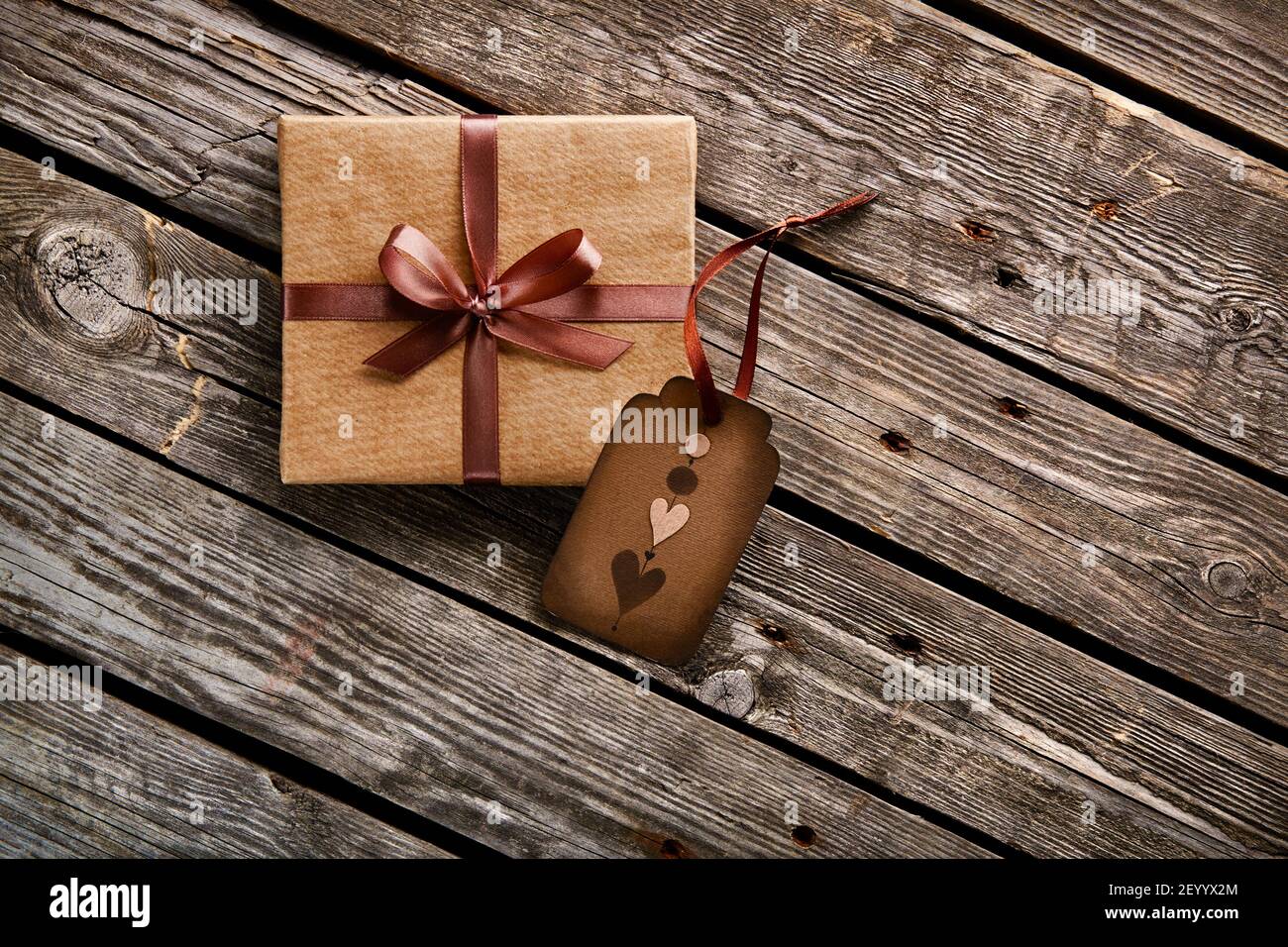 Vintage gift box with tag hearts Stock Photo
