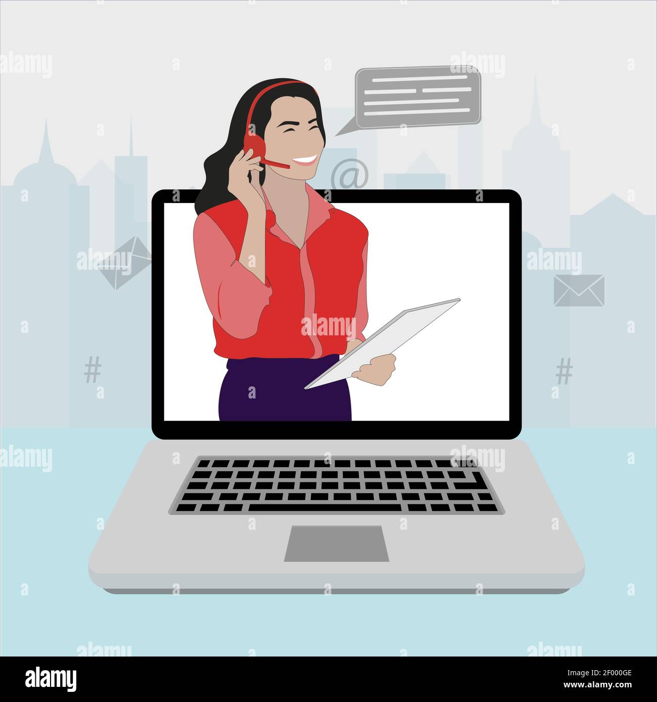 Call center online, girl operator help and assistant. Vector servive support and assistant search faq, assistance operator online, girl in headset wit Stock Vector