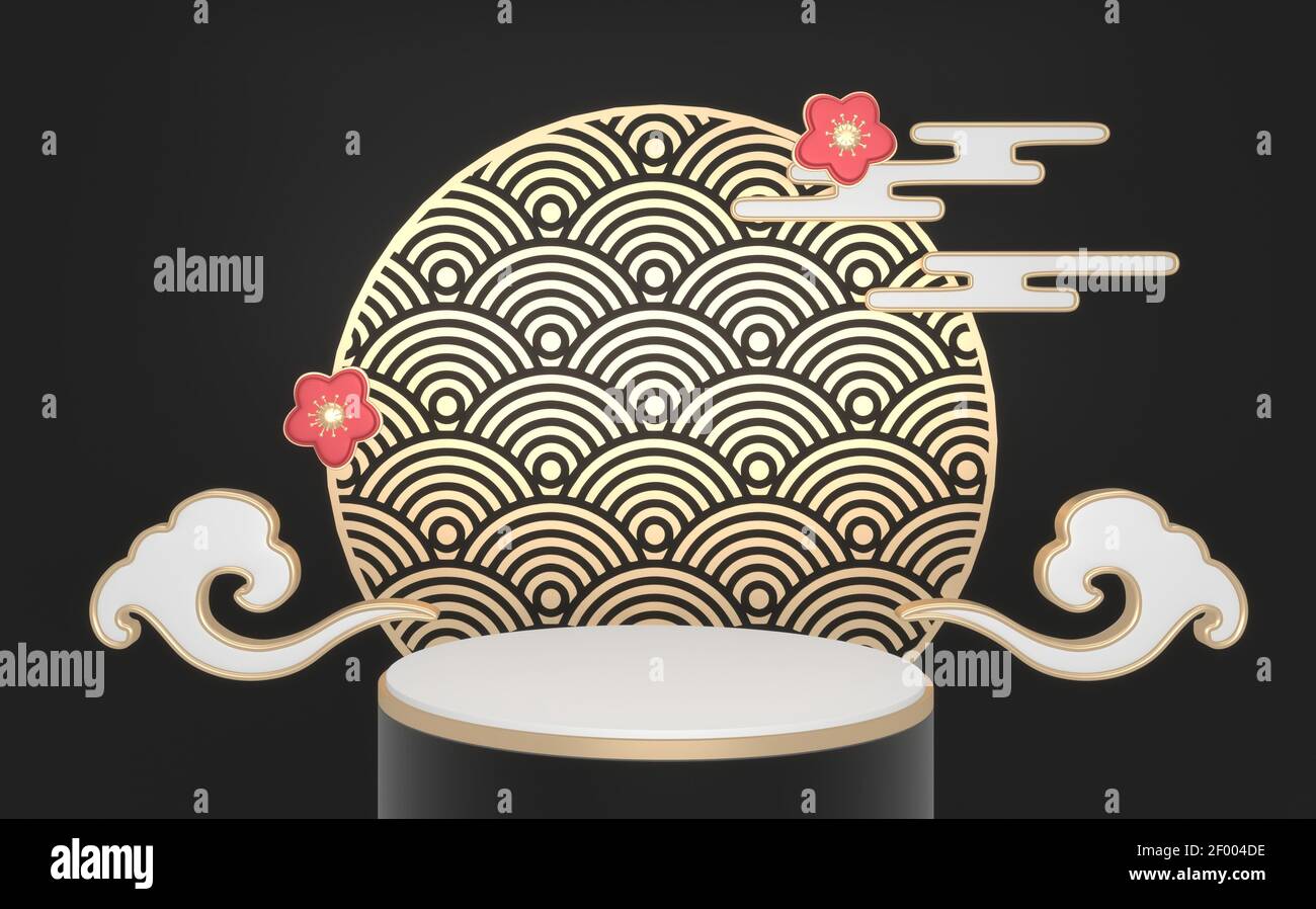 Abstract podium black gold concept and decoration japanese style. 3D ...