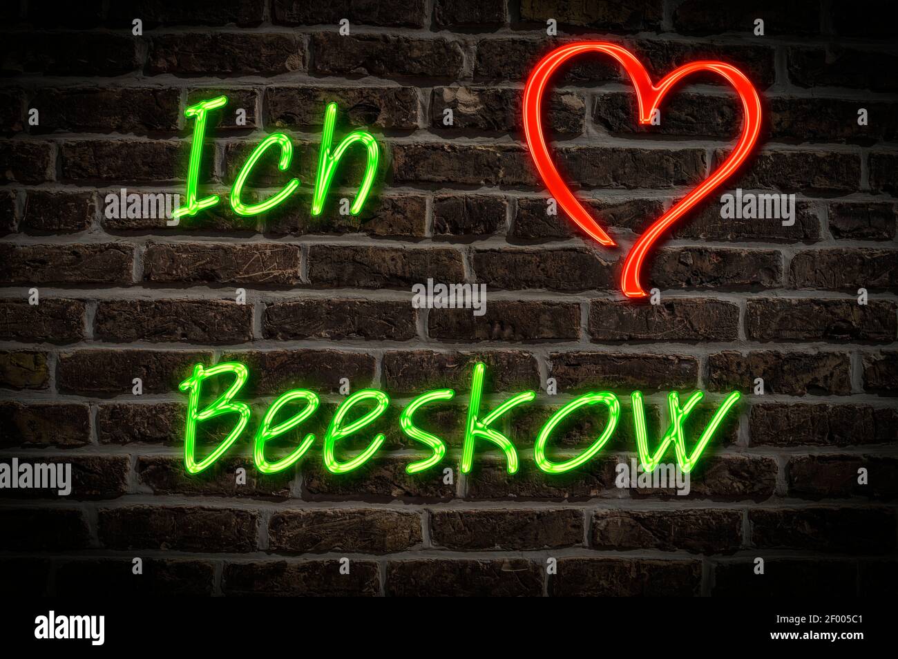 Leuchtreklame, Ich liebe Beeskow, Brandenburg, Deutschland, Europa | Illuminated advertising, I love Beeskow, Brandenburg, Germany, Europe Stock Photo