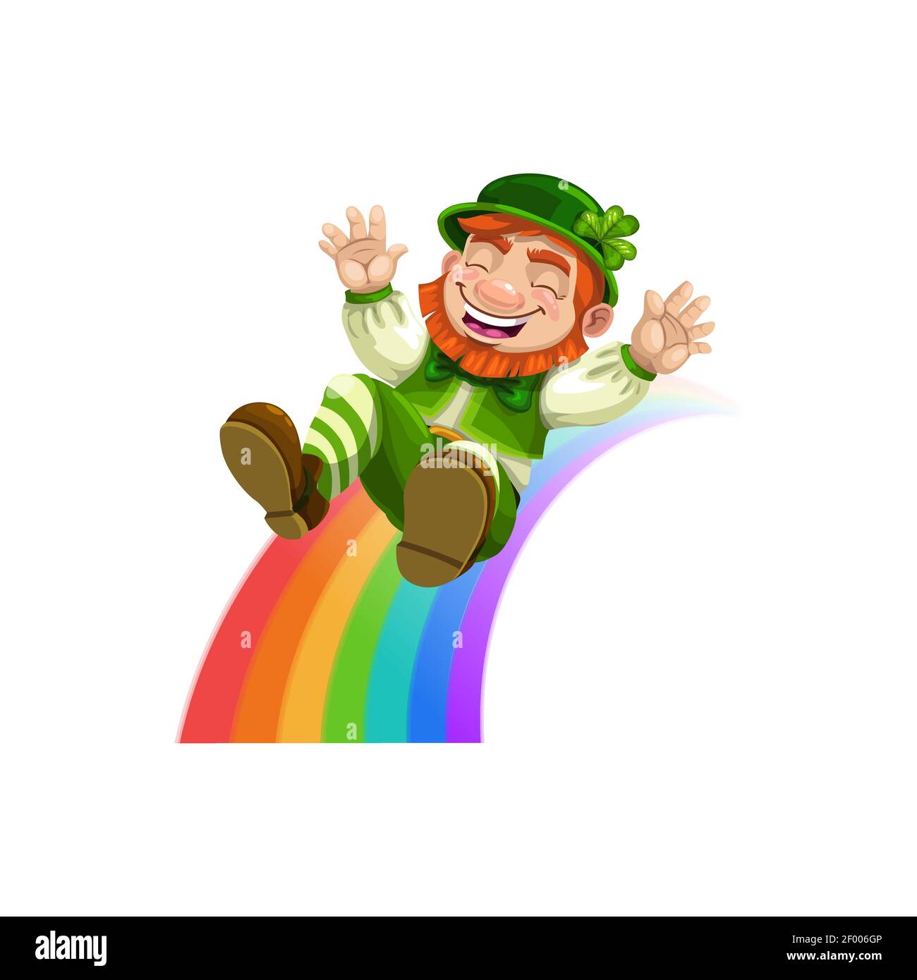 Happy leprechaun sliding down rainbow isolated. Vector smiling elf in green hat and suit Stock