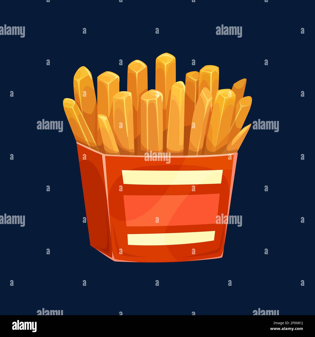 Fried potatoes in red box with white stripes isolated fastfood snack. Vector crispy fries with salt and paper, street takeaway food. French fries, tak Stock Vector