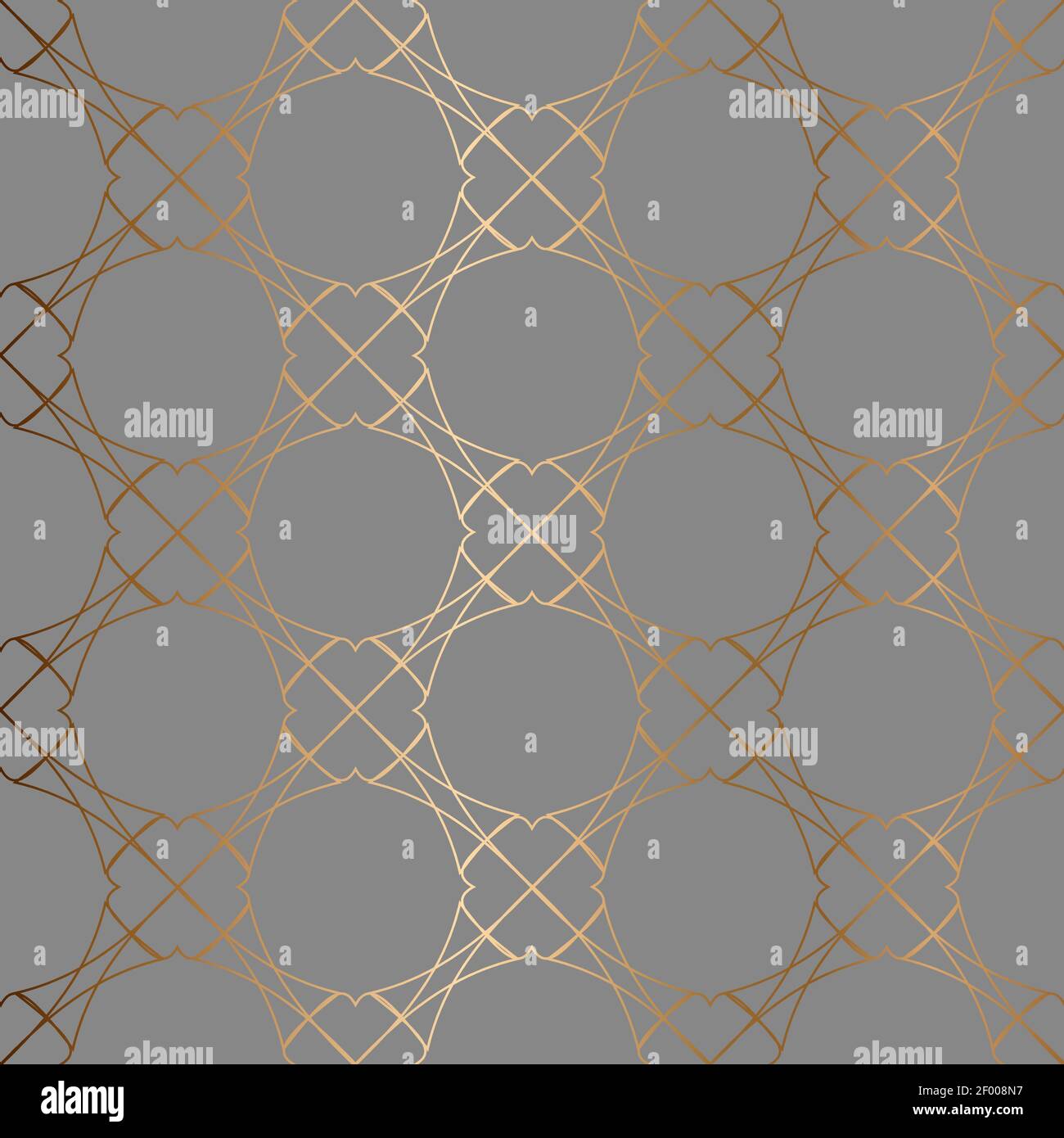 Abstract vector ornamental seamless golden pattern. Gray background. Stock Vector