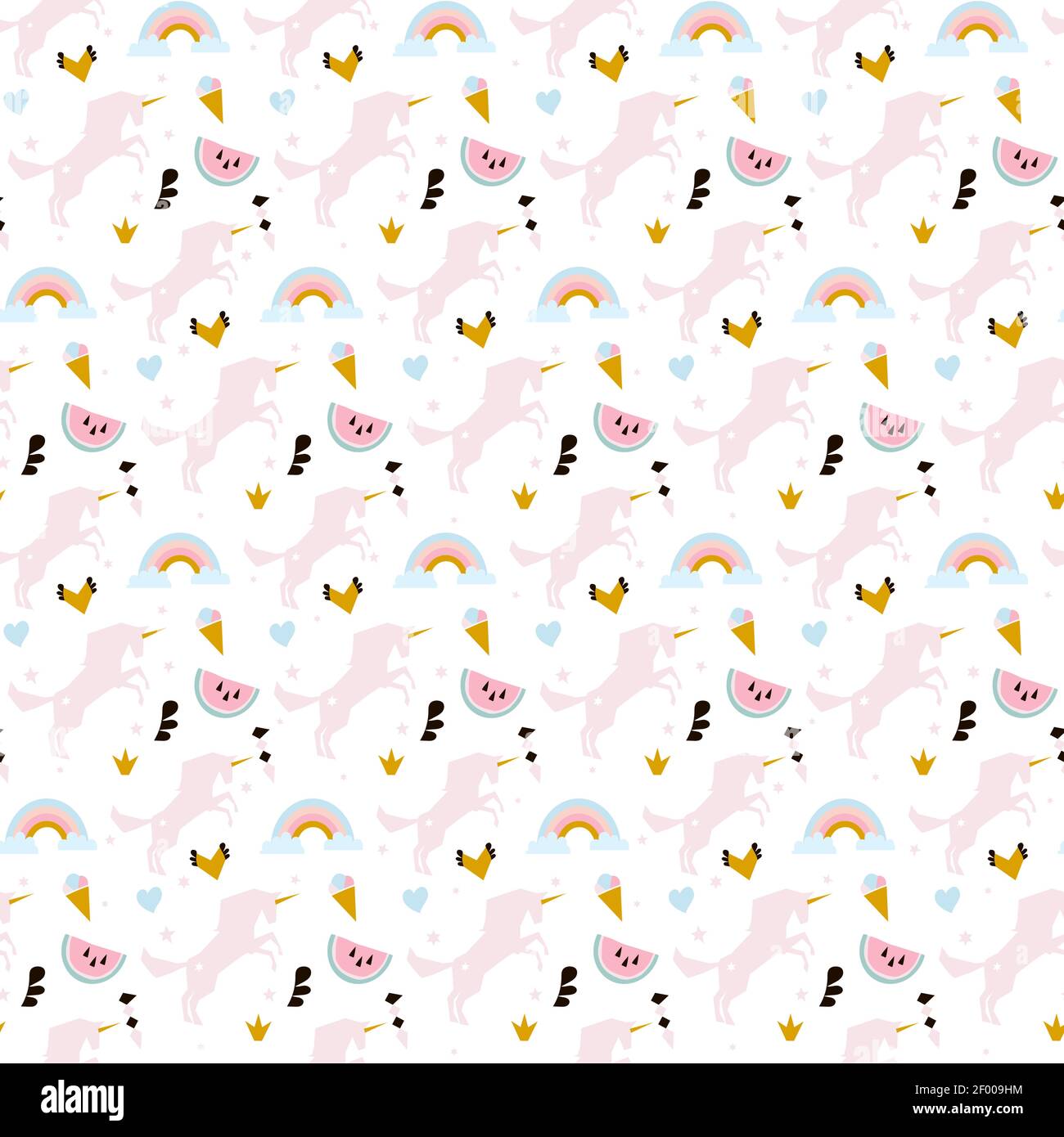 Seamless pattern with unicorns, clouds,stars, diamond, ice cream. Vector background illustration Stock Vector